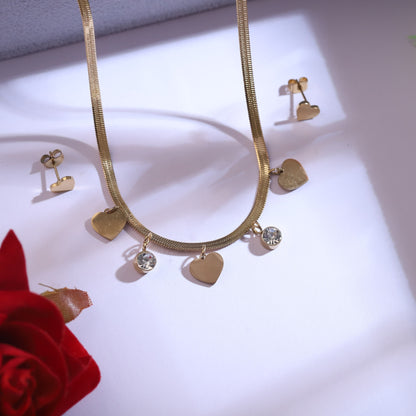 Trendy Heart Charm Chain Stud Set – 18K Gold Plated, Anti-Tarnish, Waterproof, Everyday Minimalist Jewelry (GOLD)