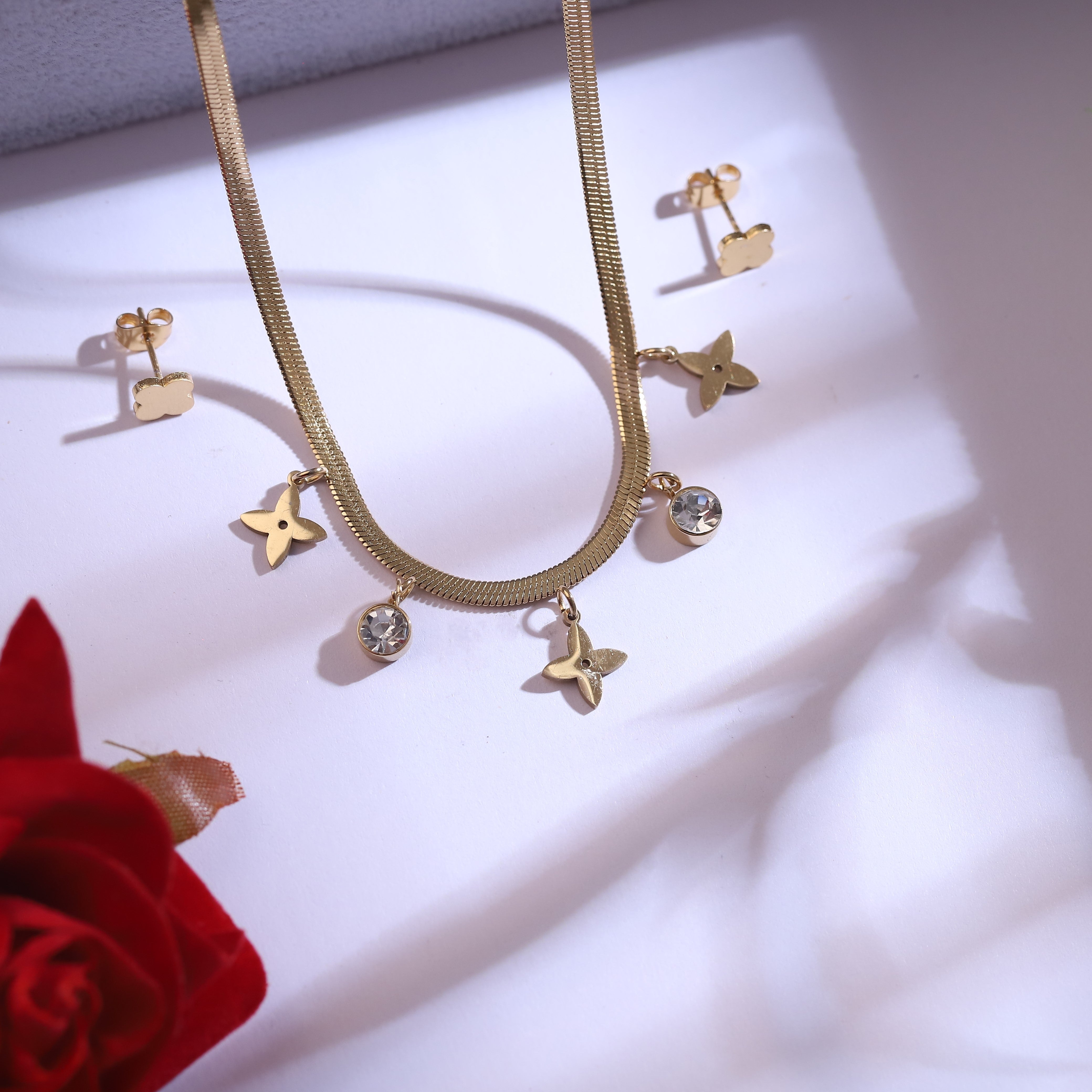 Trendy flower Charm Chain Stud Set – 18K Gold Plated, Anti-Tarnish, Waterproof, Everyday Minimalist Jewelry (GOLD)
