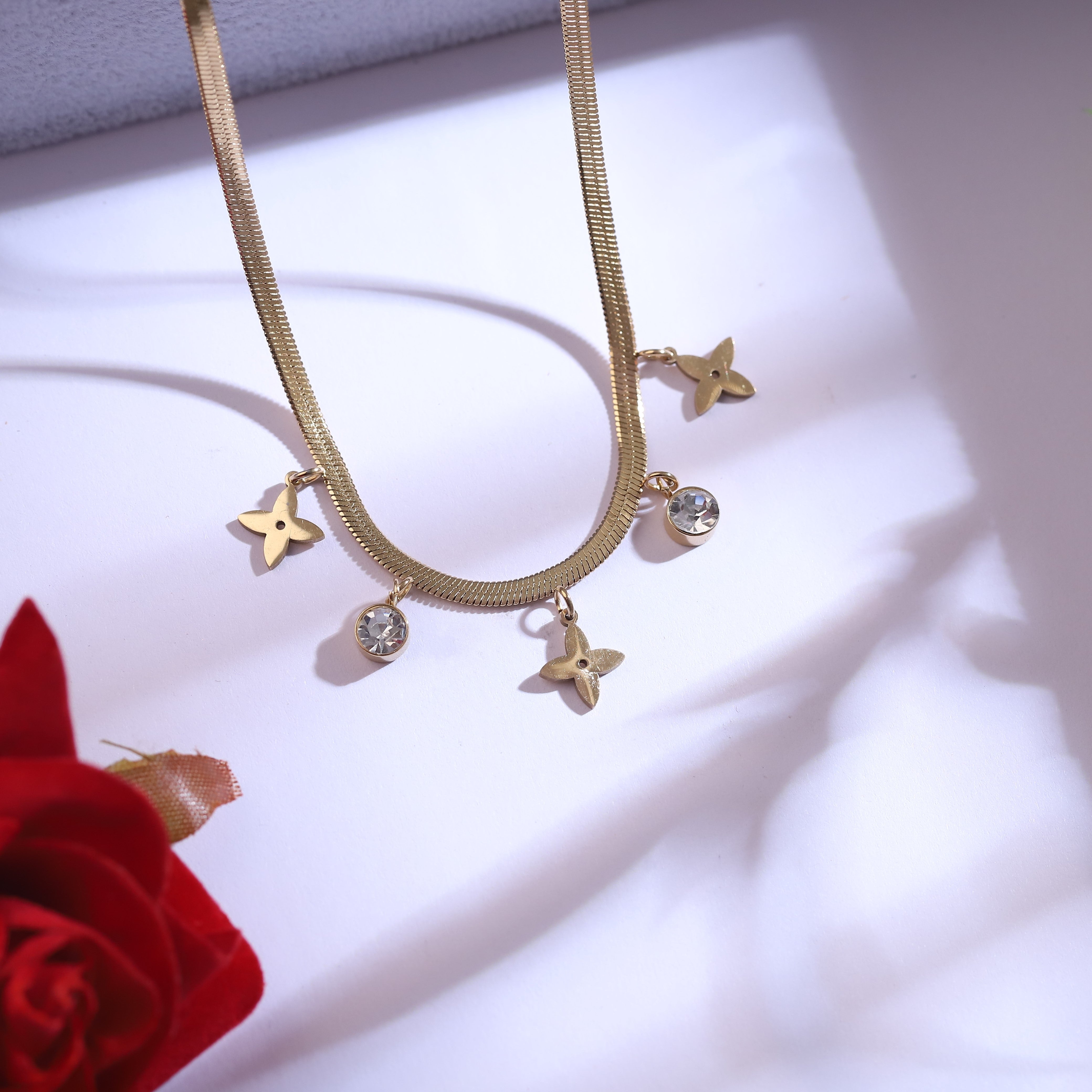 Trendy flower Charm Chain Stud Set – 18K Gold Plated, Anti-Tarnish, Waterproof, Everyday Minimalist Jewelry (GOLD)