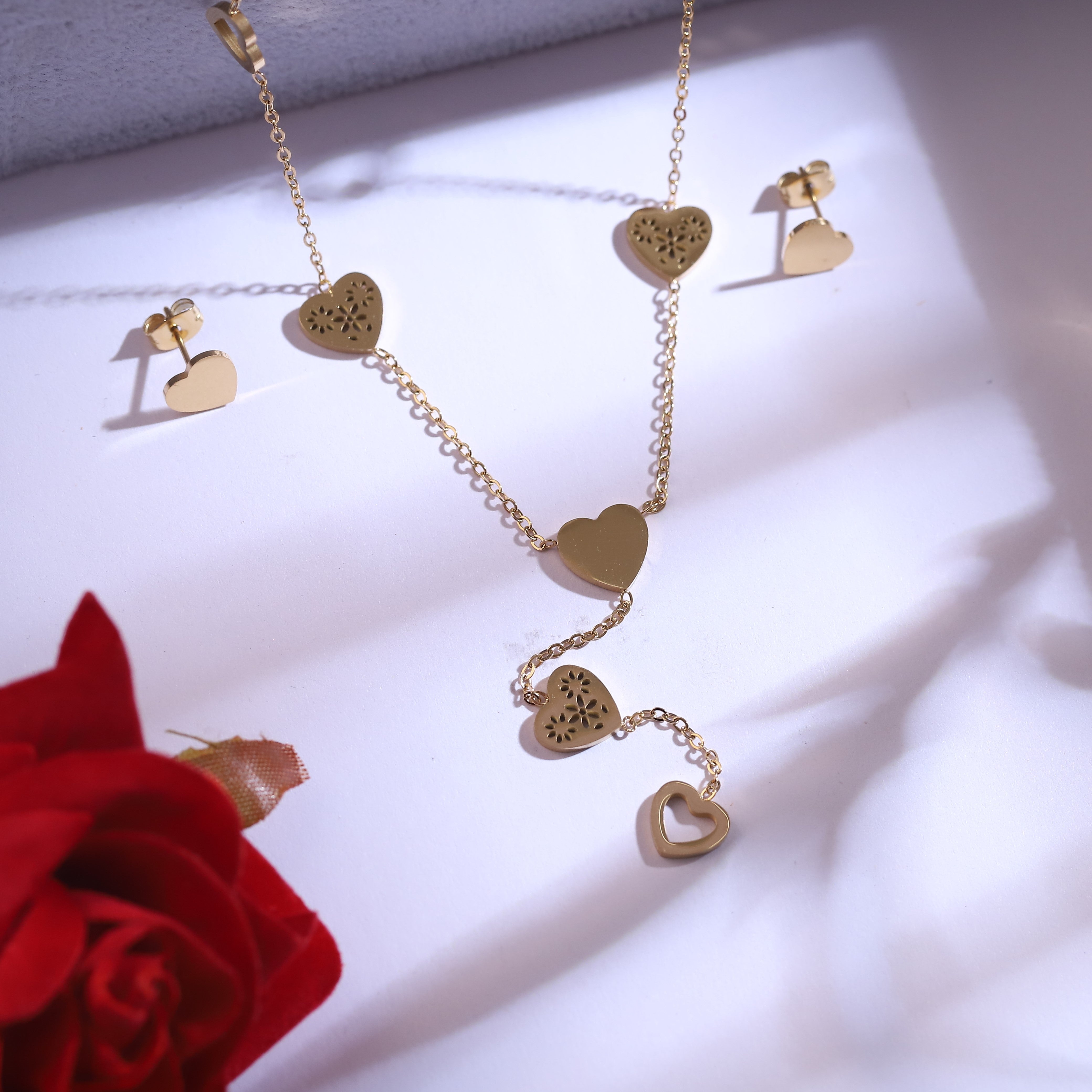 Trendy Heart Charm Chain Stud Earrings Set – 18K Gold Plated, Anti-Tarnish, Waterproof, Everyday Minimalist Jewelry (GOLD)