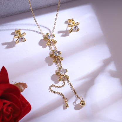 Trendy Flower Charm Chain Stud Set – 18K Gold Plated, Anti-Tarnish, Waterproof, Everyday Minimalist Jewelry (GOLD)