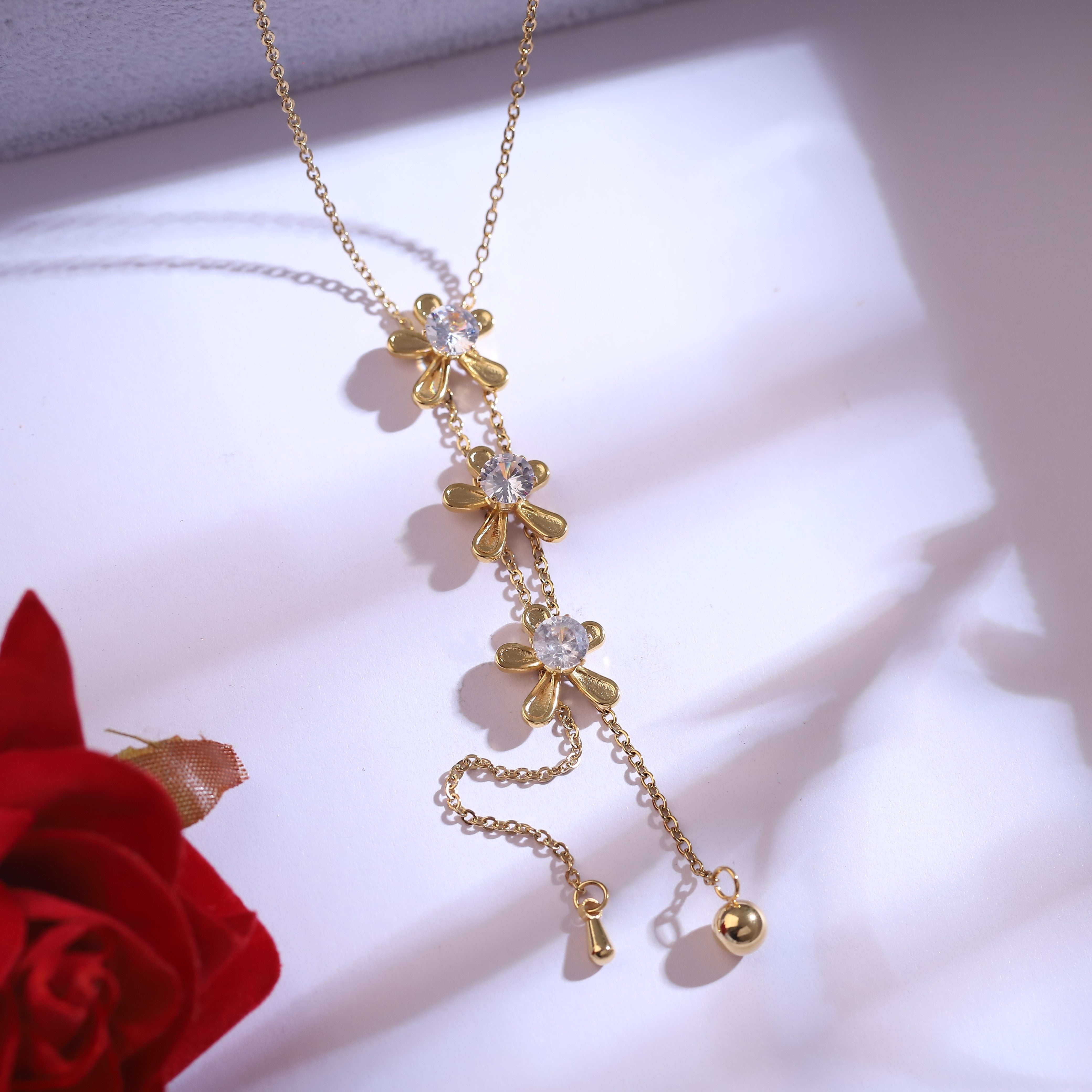 Trendy Flower Charm Chain Stud Set – 18K Gold Plated, Anti-Tarnish, Waterproof, Everyday Minimalist Jewelry (GOLD)