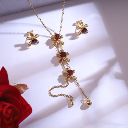 Trendy Flower Charm Chain Stud Set – 18K Gold Plated, Anti-Tarnish, Waterproof, Everyday Minimalist Jewelry (GOLD)