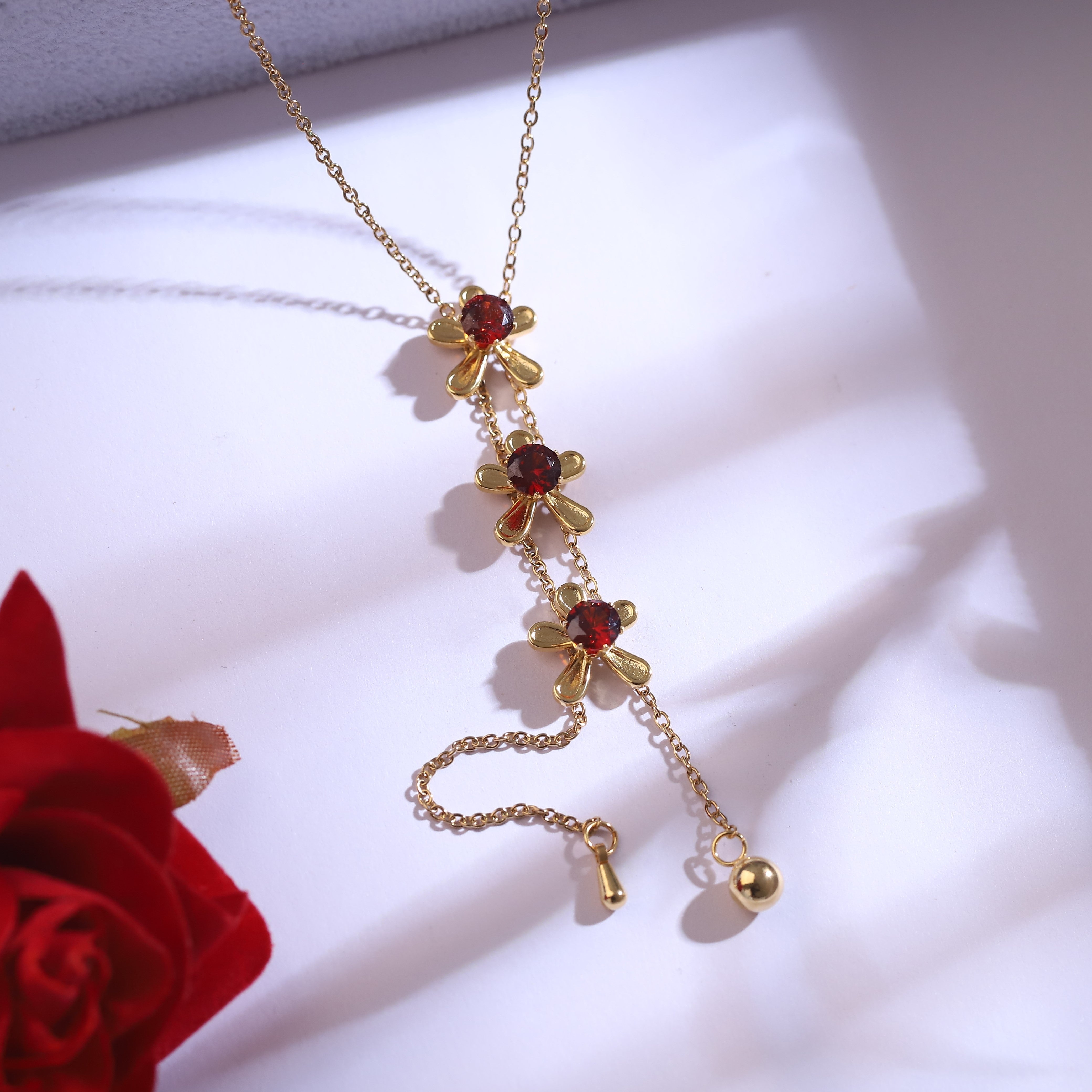 Trendy Flower Charm Chain Stud Set – 18K Gold Plated, Anti-Tarnish, Waterproof, Everyday Minimalist Jewelry (GOLD)