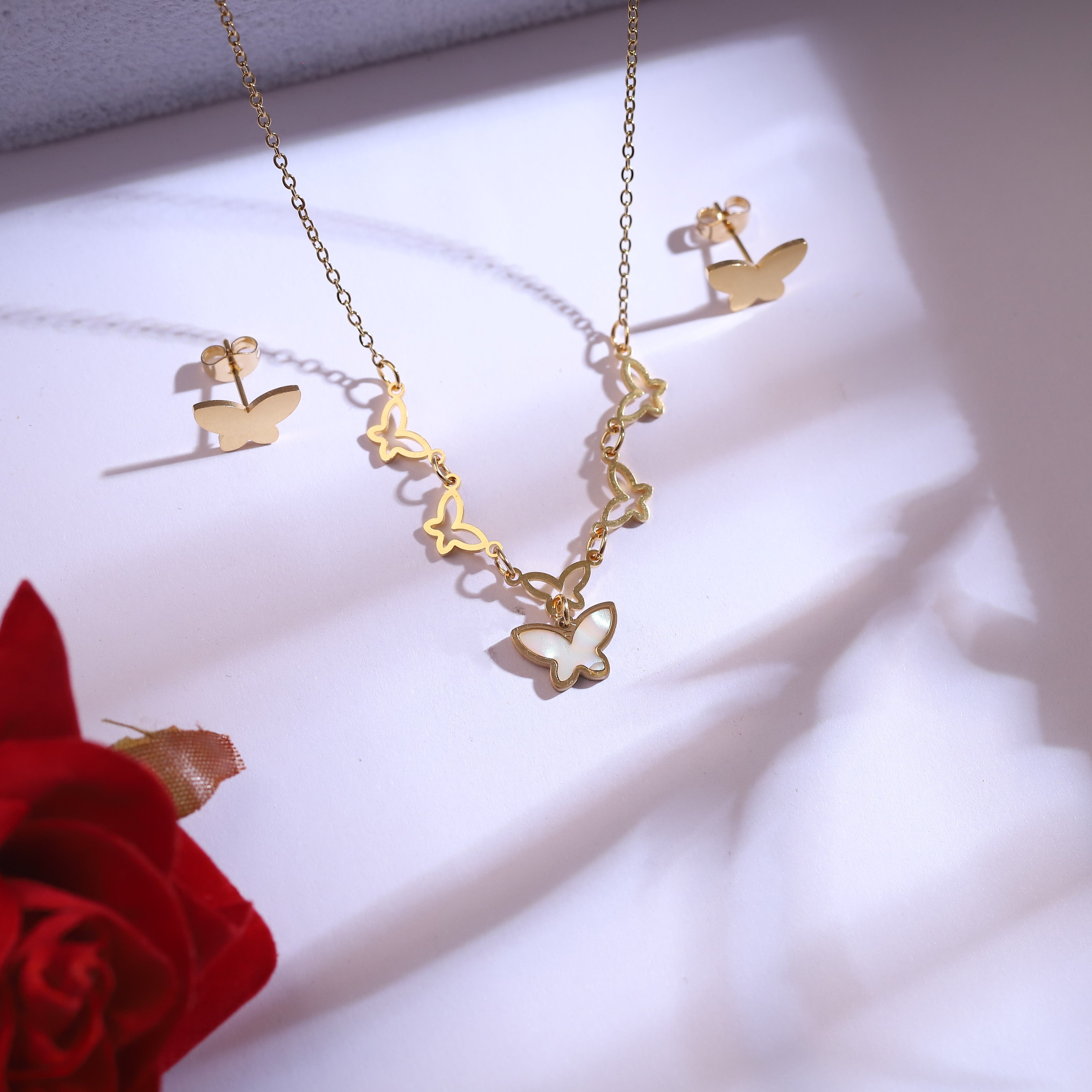 Trendy Butterfly Charm Chain Stud Set – 18K Gold Plated, Anti-Tarnish, Waterproof, Everyday Minimalist Jewelry (GOLD)
