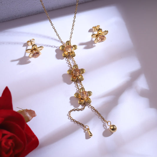 Trendy Flower Charm Chain Stud Set – 18K Gold Plated, Anti-Tarnish, Waterproof, Everyday Minimalist Jewelry (GOLD)