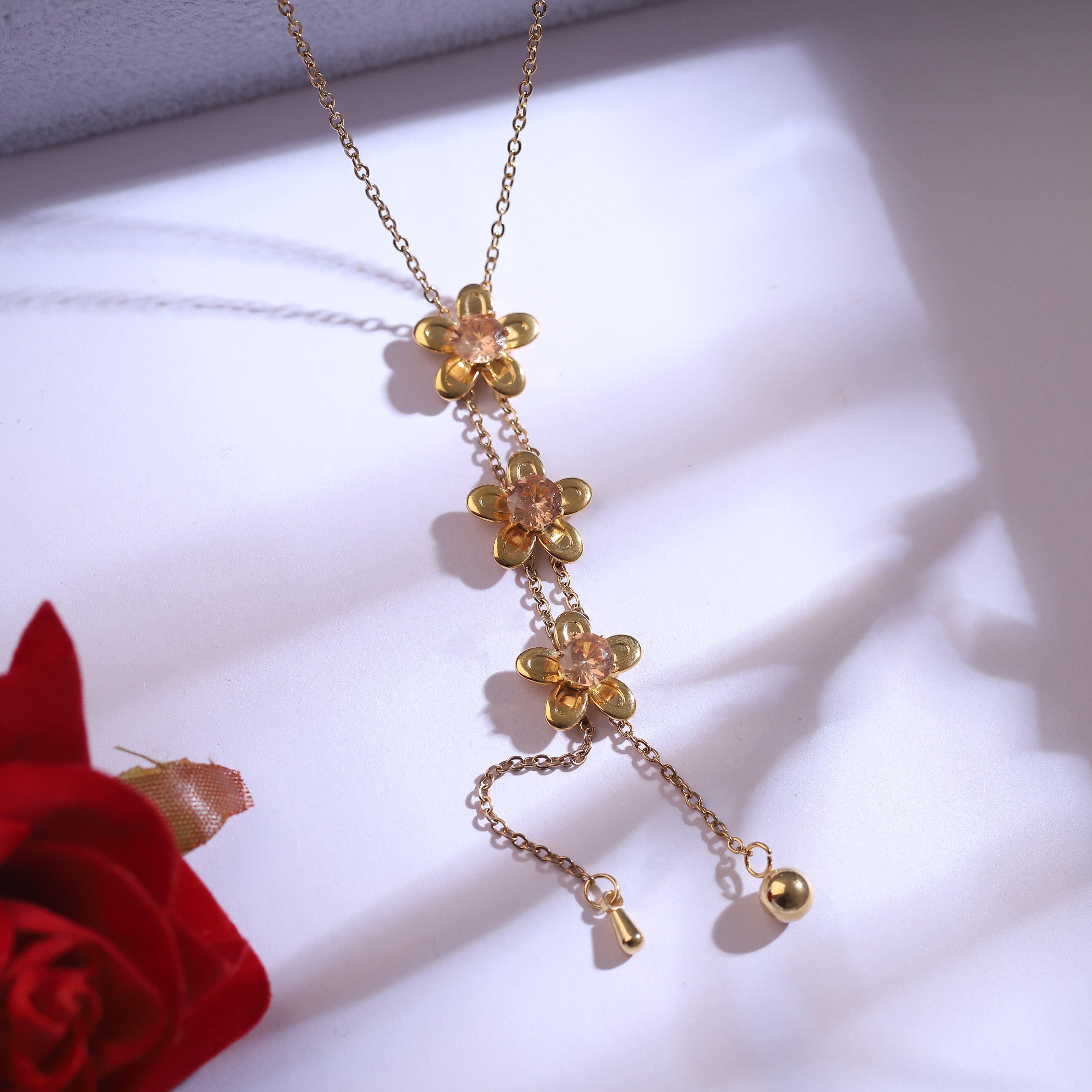 Trendy Flower Charm Chain Stud Set – 18K Gold Plated, Anti-Tarnish, Waterproof, Everyday Minimalist Jewelry (GOLD)