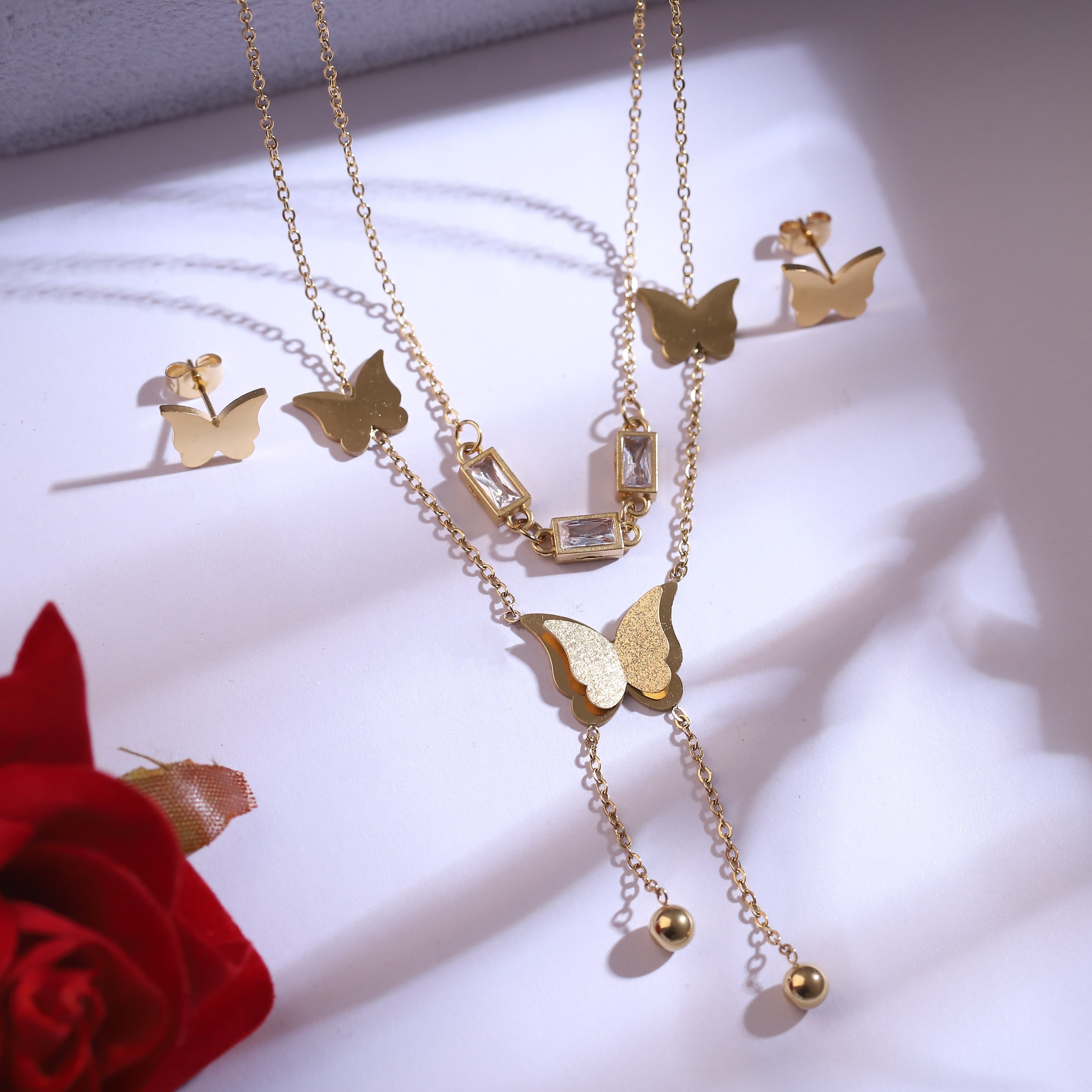 Trendy Butterfly Charm Chain Stud Set – 18K Gold Plated, Anti-Tarnish, Waterproof, Everyday Minimalist Jewelry (GOLD)