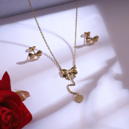 Trendy Bow Charm Chain Stud Set – 18K Gold Plated, Anti-Tarnish, Waterproof, Everyday Minimalist Jewelry (GOLD)