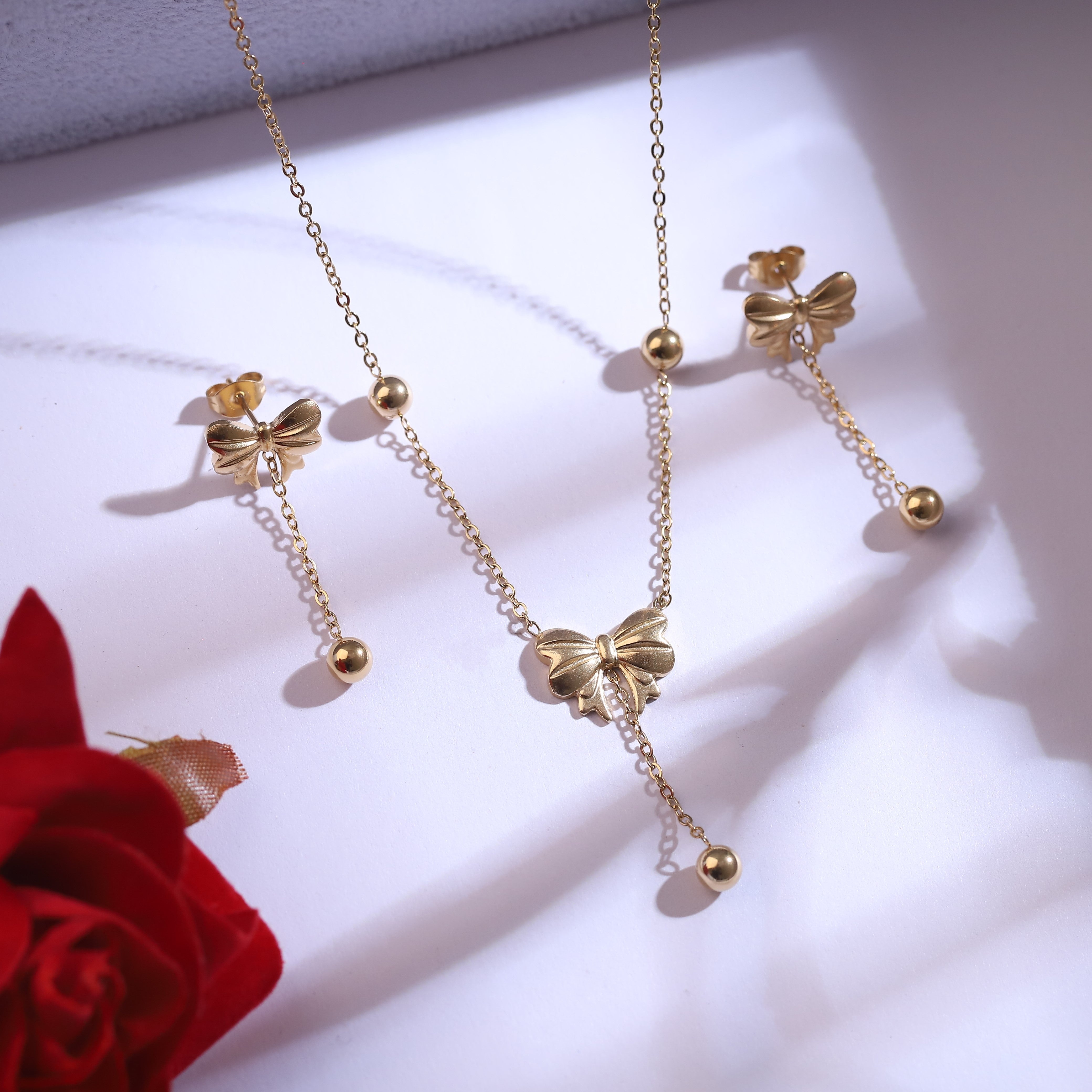 Trendy Bow Charm Chain Stud Set – 18K Gold Plated, Anti-Tarnish, Waterproof, Everyday Minimalist Jewelry (GOLD)