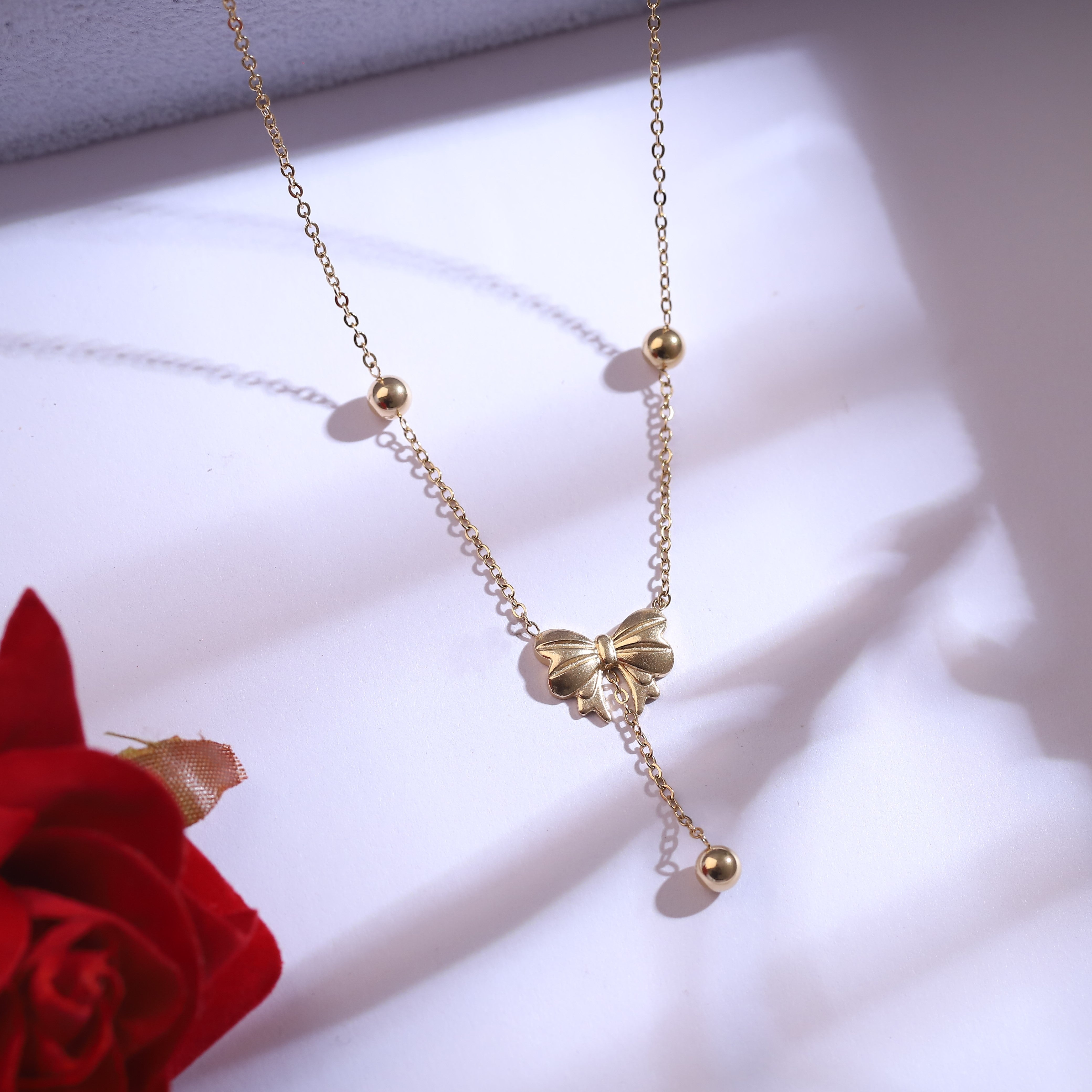 Trendy Bow Charm Chain Stud Set – 18K Gold Plated, Anti-Tarnish, Waterproof, Everyday Minimalist Jewelry (GOLD)
