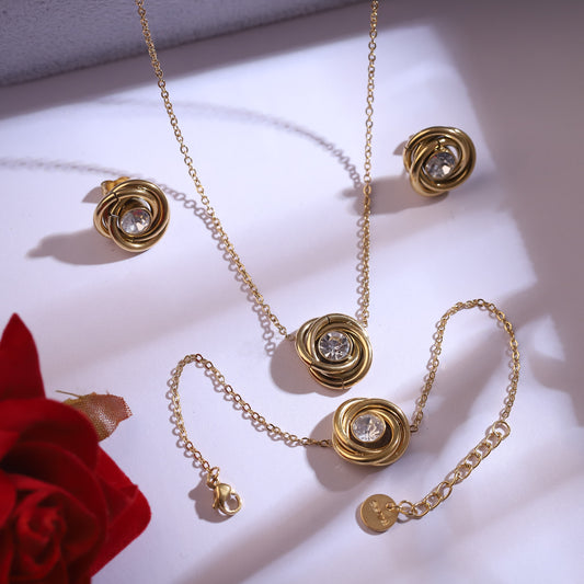 Flower Charm Chain Stud Bracelet Set – 18K Gold Plated, Anti-Tarnish, Waterproof, Everyday Minimalist Jewelry (GOLD)