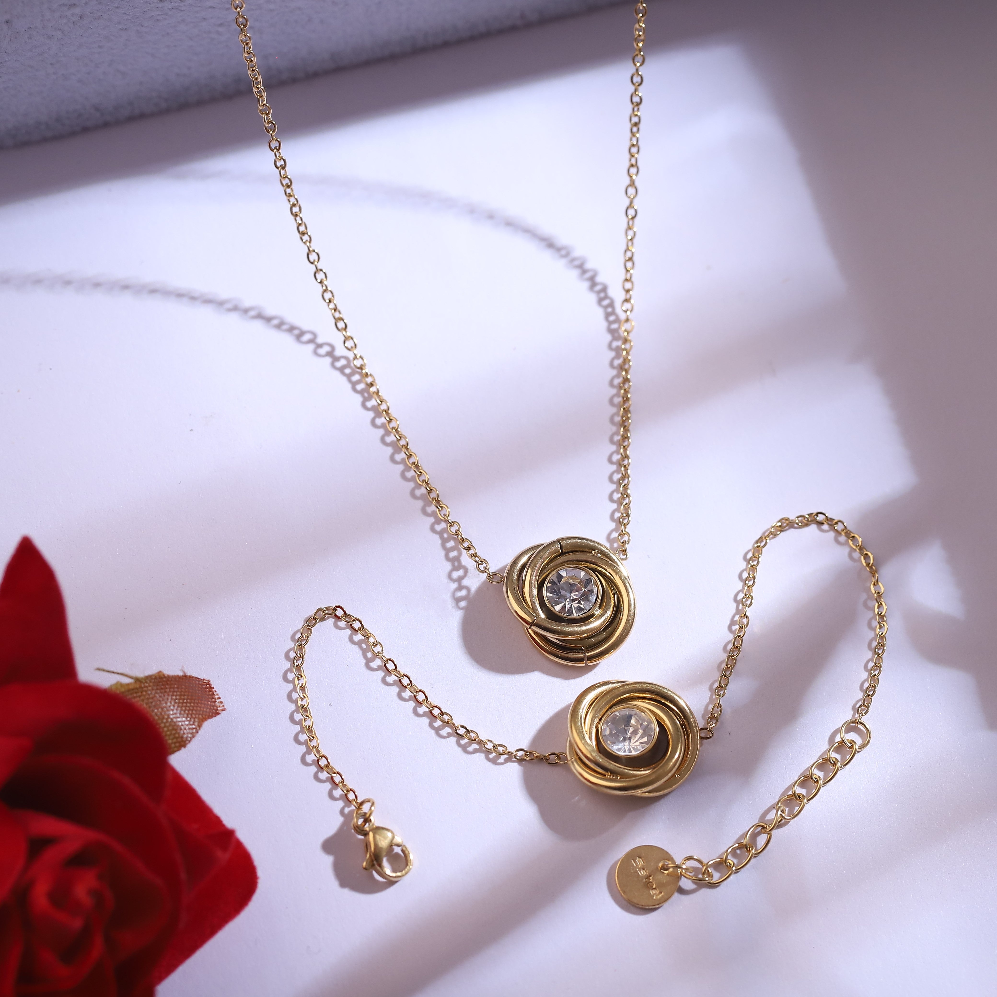 Flower Charm Chain Stud Bracelet Set – 18K Gold Plated, Anti-Tarnish, Waterproof, Everyday Minimalist Jewelry (GOLD)