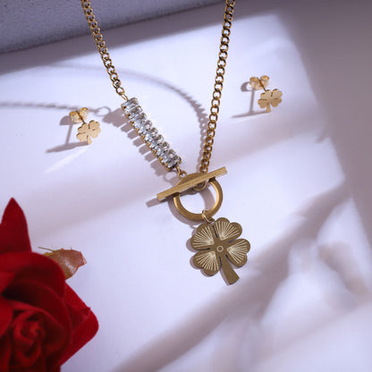 Trendy Flower Charm Chain Stud Set – 18K Gold Plated, Anti-Tarnish, Waterproof, Everyday Minimalist Jewelry (GOLD)
