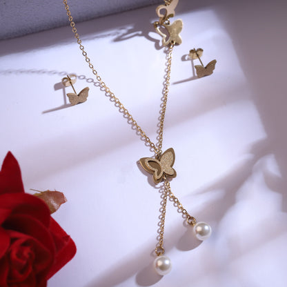 Trendy Butterfly Charm Chain Stud Set – 18K Gold Plated, Anti-Tarnish, Waterproof, Everyday Minimalist Jewelry (GOLD)