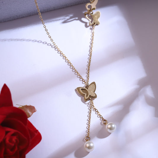 Trendy Butterfly Charm Chain Stud Set – 18K Gold Plated, Anti-Tarnish, Waterproof, Everyday Minimalist Jewelry (GOLD)