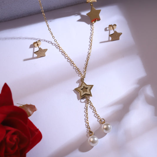 Trendy Star Charm Chain Stud Set – 18K Gold Plated, Anti-Tarnish, Waterproof, Everyday Minimalist Jewelry (GOLD)