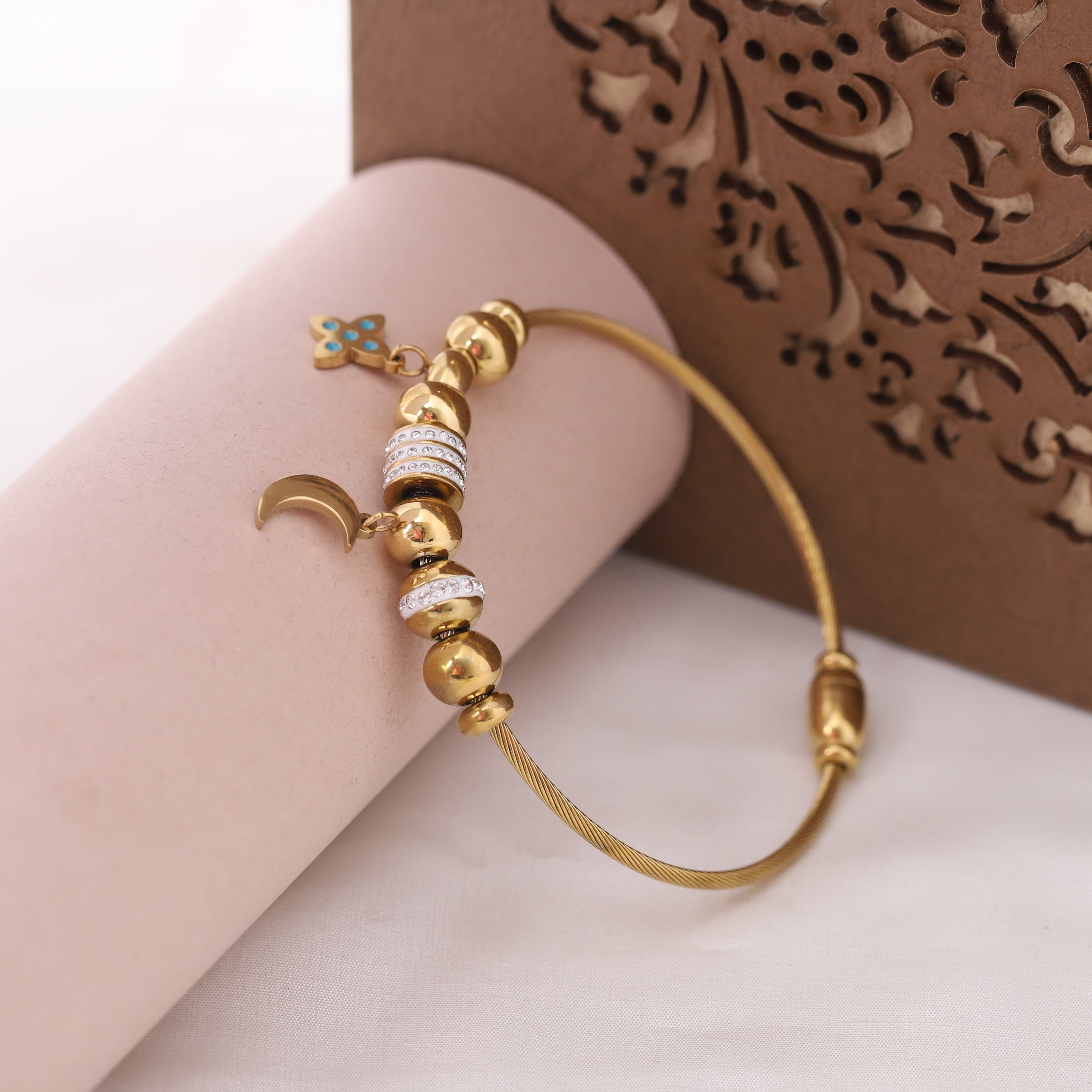 Moon Flower Gold-Plated Charm Bracelet for Women – Waterproof, Hypoallergenic, Magnetic Lock (GOLD)