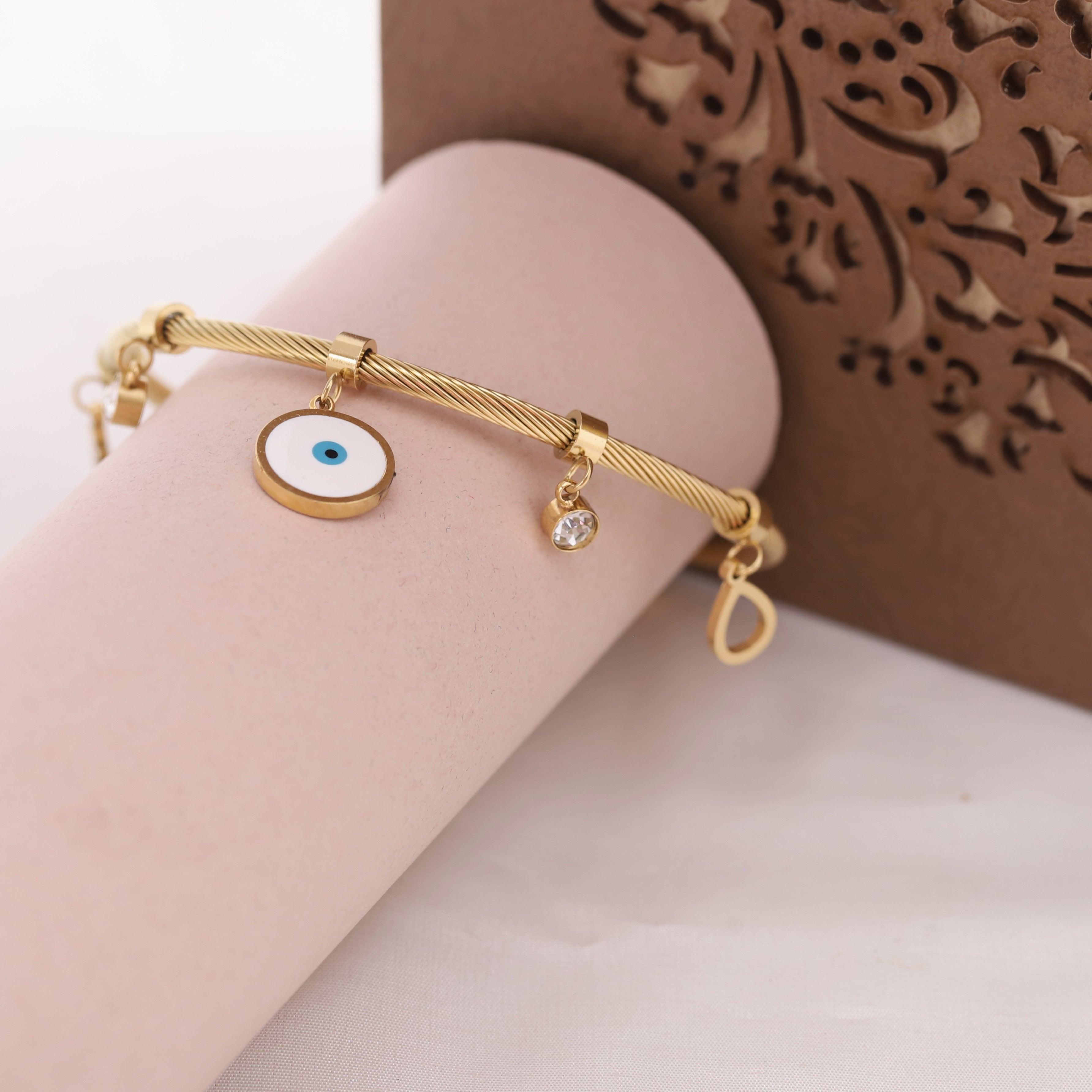 Evil Eye Gold-Plated Charm Bracelet for Women – Waterproof, Hypoallergenic, Adjustable (GOLD)