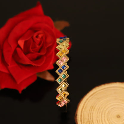 Multi Color Stone Gold-Plated Stainless Steel Lock Bracelet – Anti-Tarnish Jewelry for Women & Girls (GOLD)