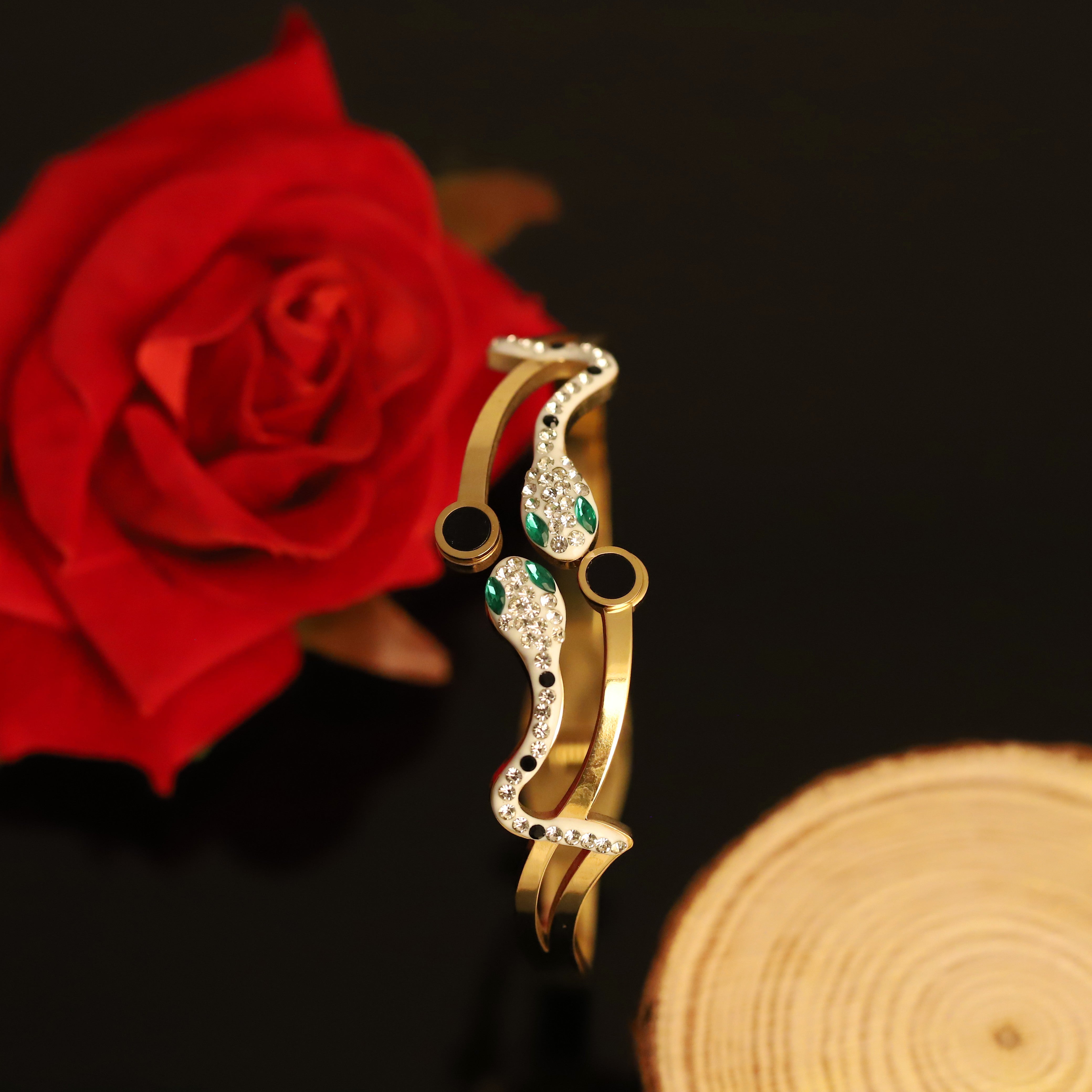 Snake with Americal Diamonds Gold-Plated Stainless Steel Bracelet – Openable, Unisex & Skin-Friendly (GOLD)