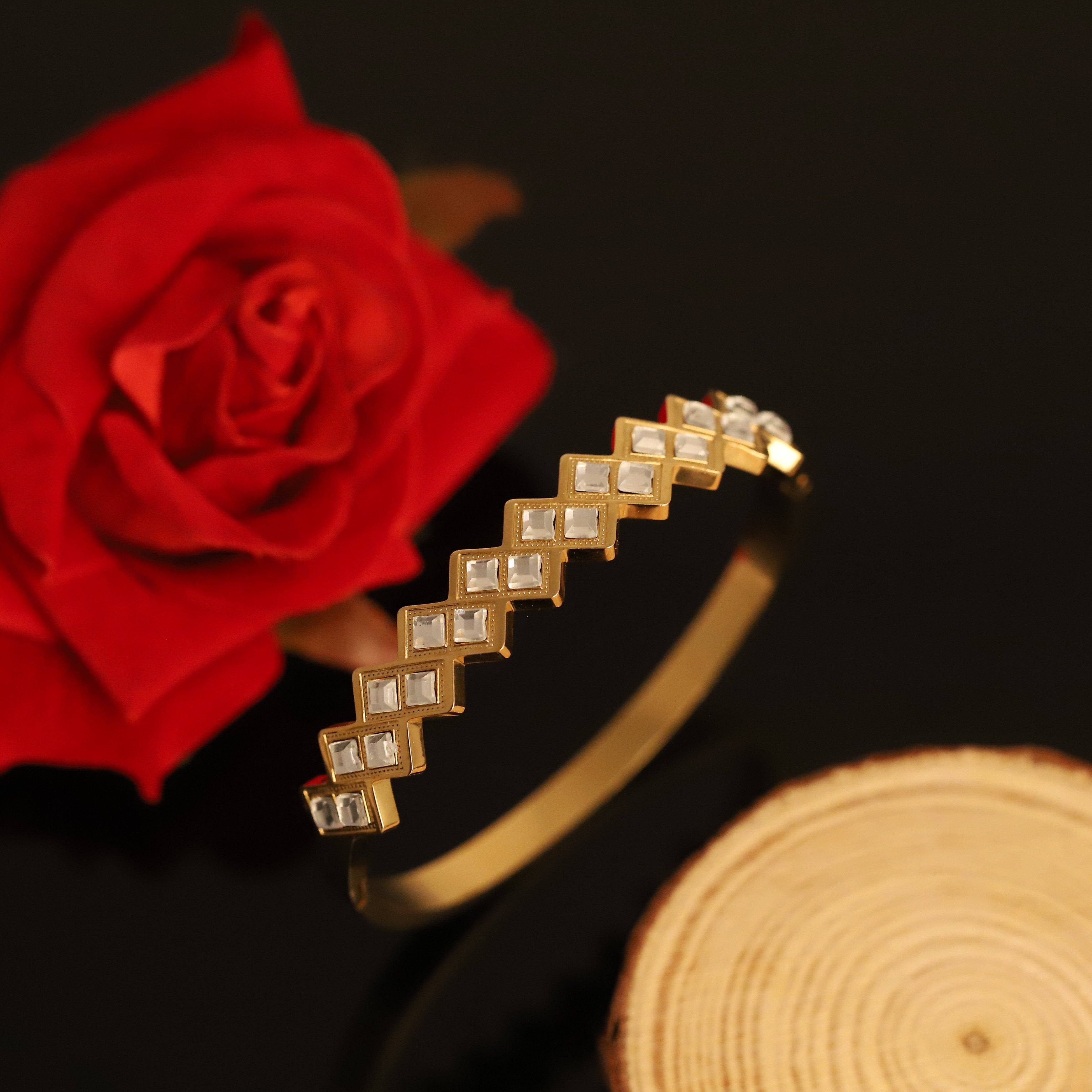 Gold-Plated with White Stones Stainless Steel Lock Bracelet – Anti-Tarnish Jewelry for Women & Girls (GOLD)