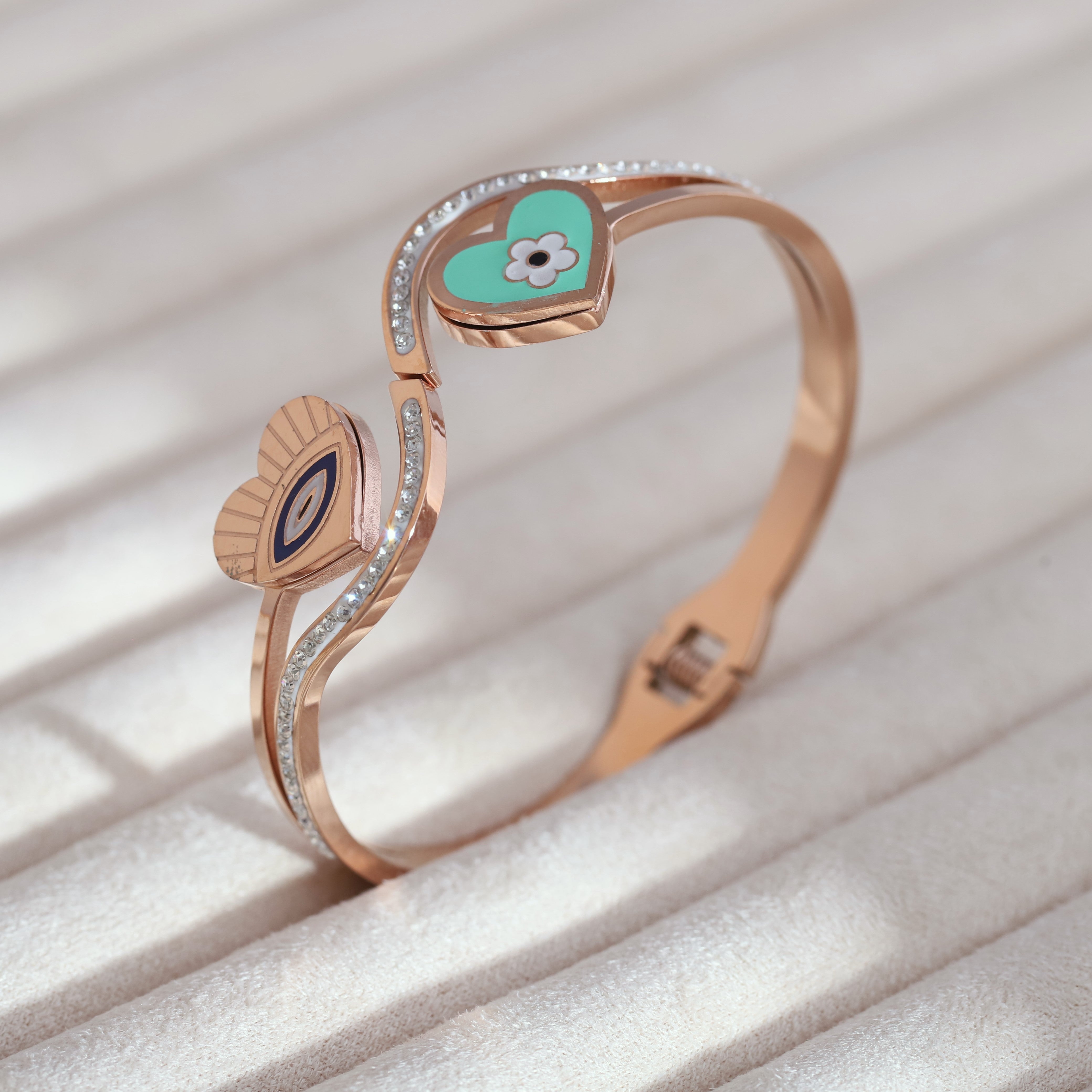 Heart Evil Eye Gold-Plated Cuff Stainless Steel Bracelet – Anti-Tarnish Jewelry for Women & Girls (GOLD)