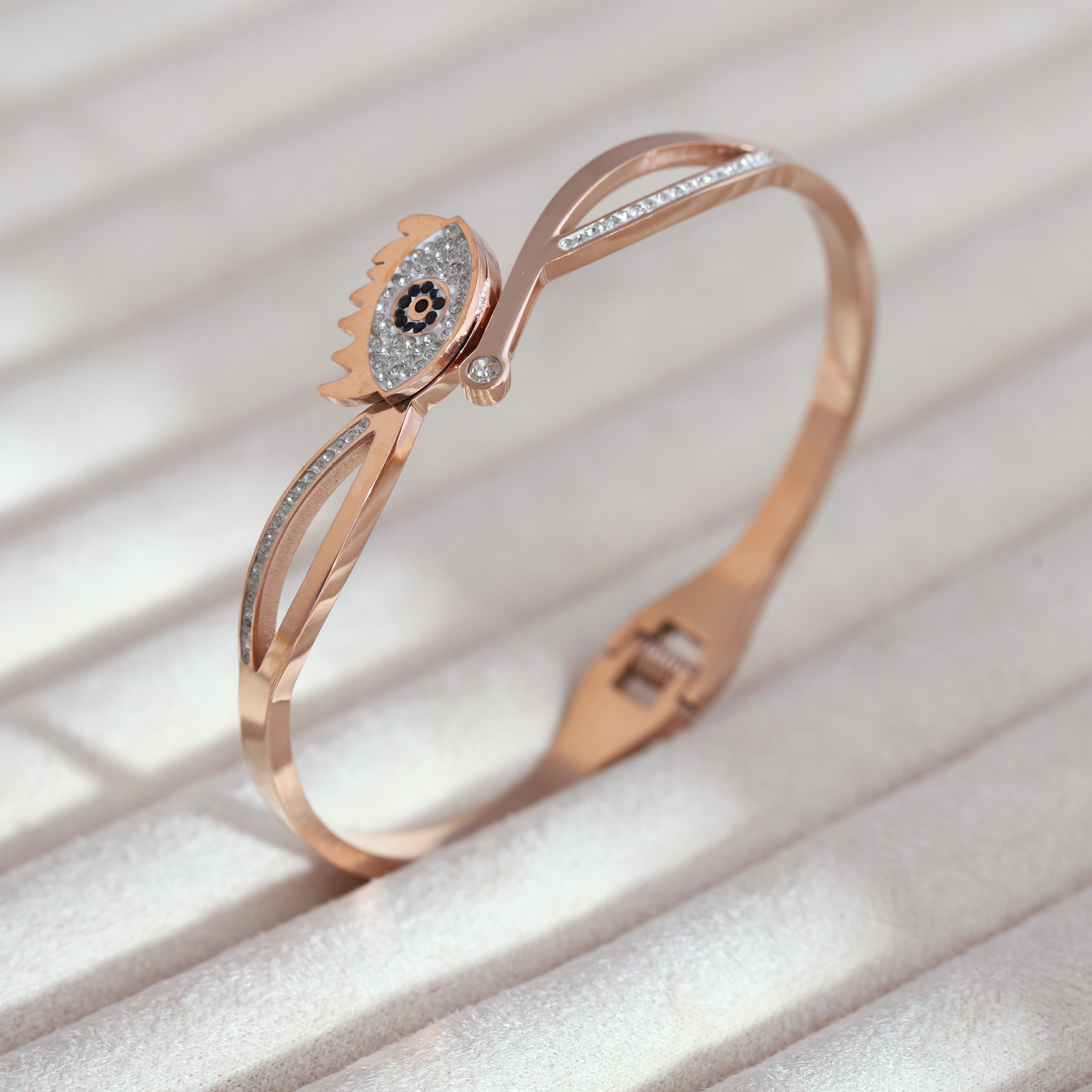 Evil Eye Gold-Plated Cuff Stainless Steel Bracelet – Anti-Tarnish Jewelry for Women & Girls (ROSE GOLD)