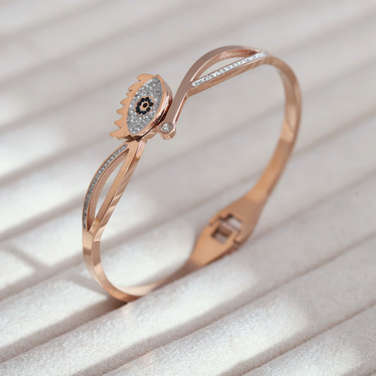 Evil Eye Gold-Plated Cuff Stainless Steel Bracelet – Anti-Tarnish Jewelry for Women & Girls (ROSE GOLD)