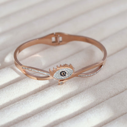 Evil Eye Gold-Plated Cuff Stainless Steel Bracelet – Anti-Tarnish Jewelry for Women & Girls (ROSE GOLD)