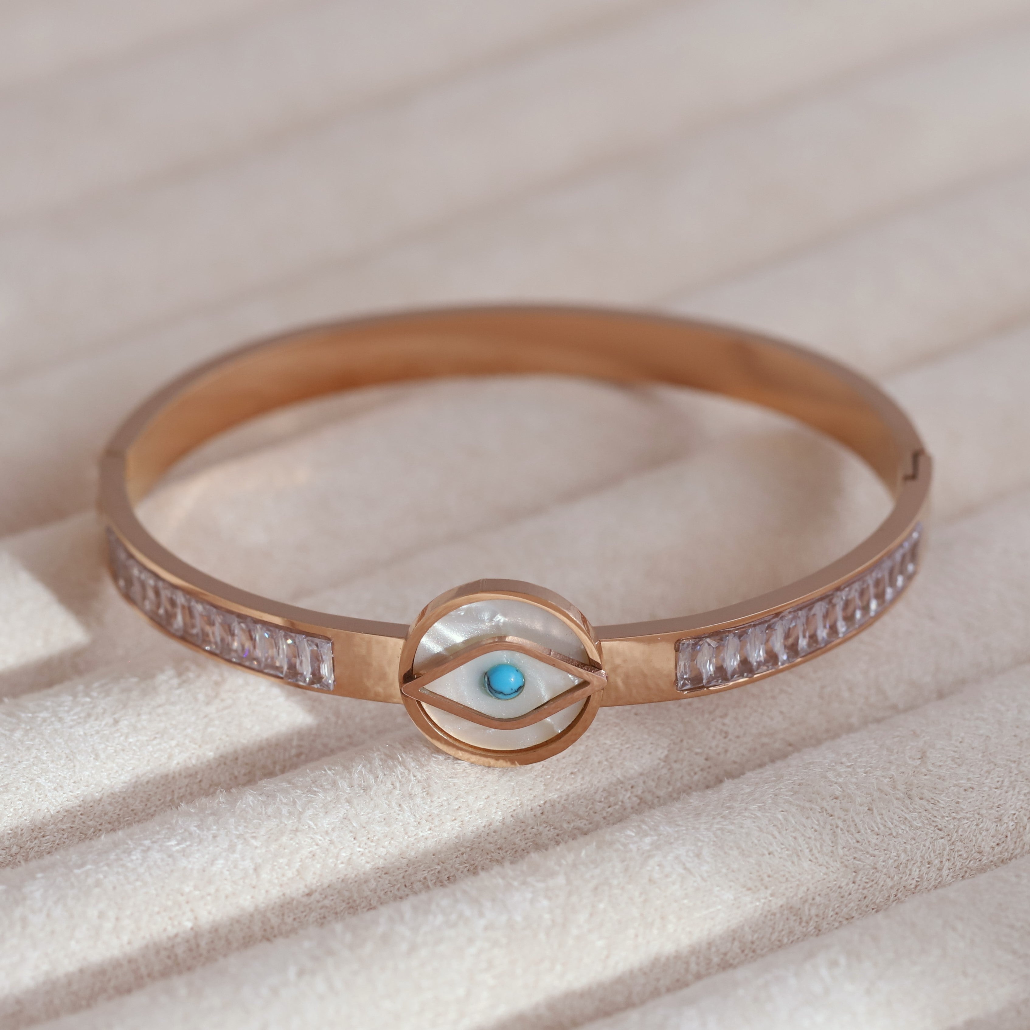 Gold-Plated Evil Eye Stainless Steel Bracelet – Openable, Unisex & Skin-Friendly (ROSE GOLD)