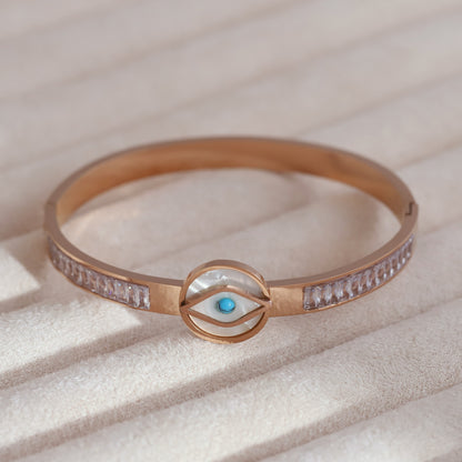 Gold-Plated Evil Eye Stainless Steel Bracelet – Openable, Unisex & Skin-Friendly (ROSE GOLD)
