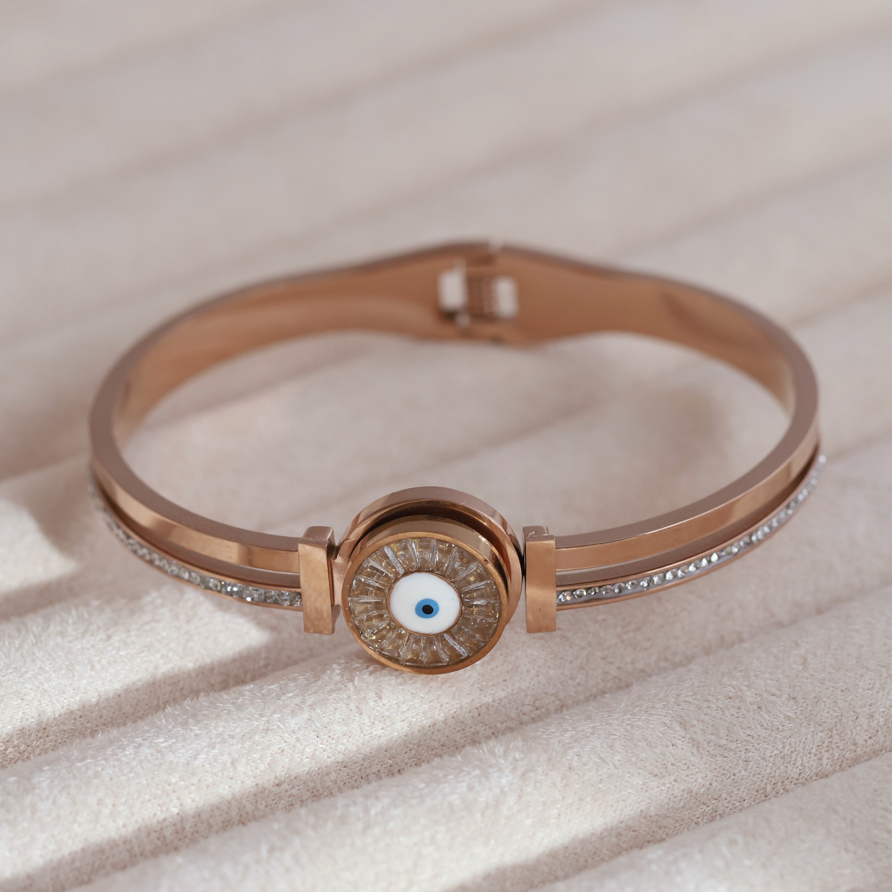 Evil Eye Gold-Plated Cuff Stainless Steel Bracelet – Anti-Tarnish Jewelry for Women & Girls (ROSE GOLD)