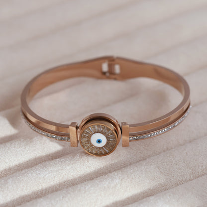 Evil Eye Gold-Plated Cuff Stainless Steel Bracelet – Anti-Tarnish Jewelry for Women & Girls (ROSE GOLD)