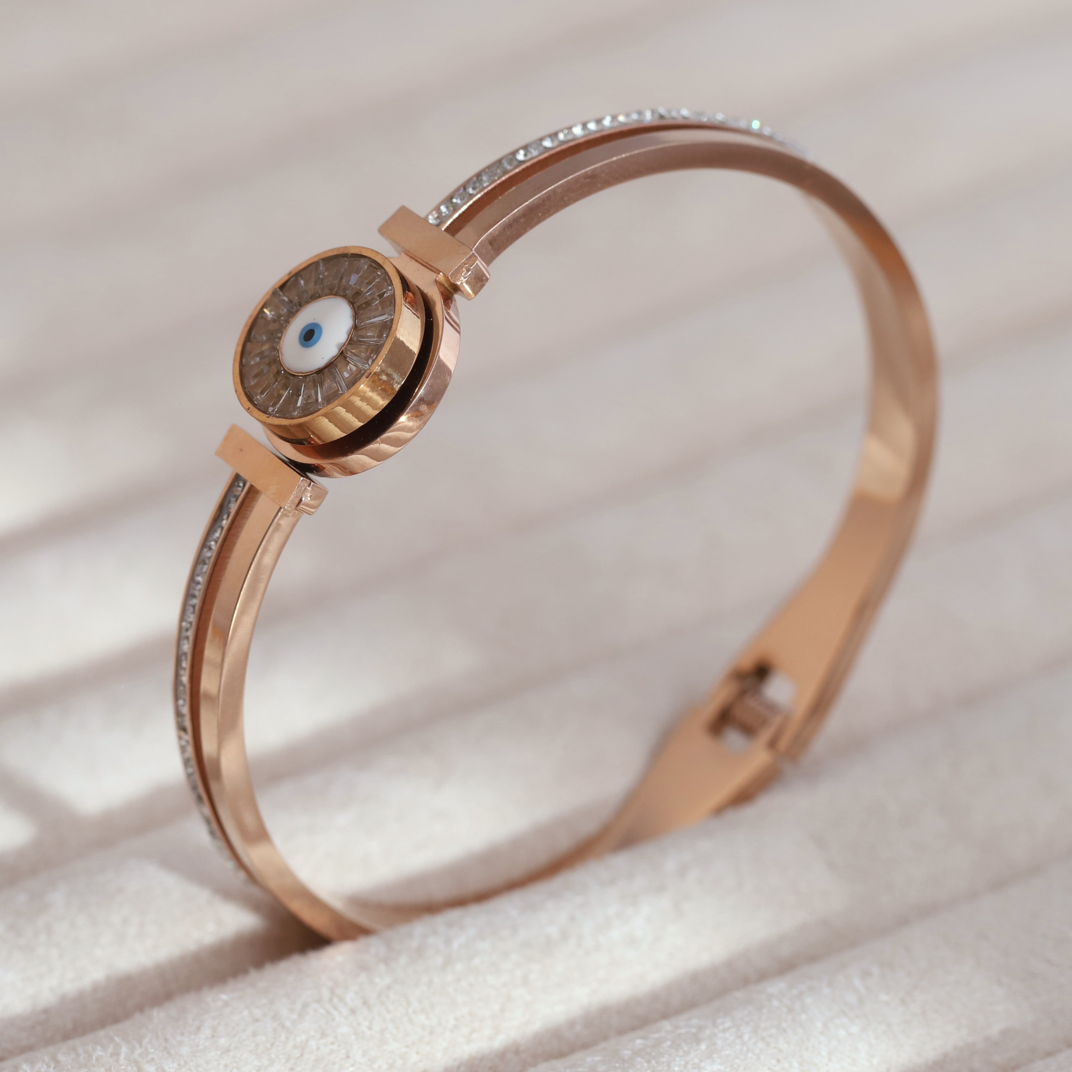 Evil Eye Gold-Plated Cuff Stainless Steel Bracelet – Anti-Tarnish Jewelry for Women & Girls (ROSE GOLD)