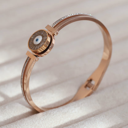 Evil Eye Gold-Plated Cuff Stainless Steel Bracelet – Anti-Tarnish Jewelry for Women & Girls (ROSE GOLD)