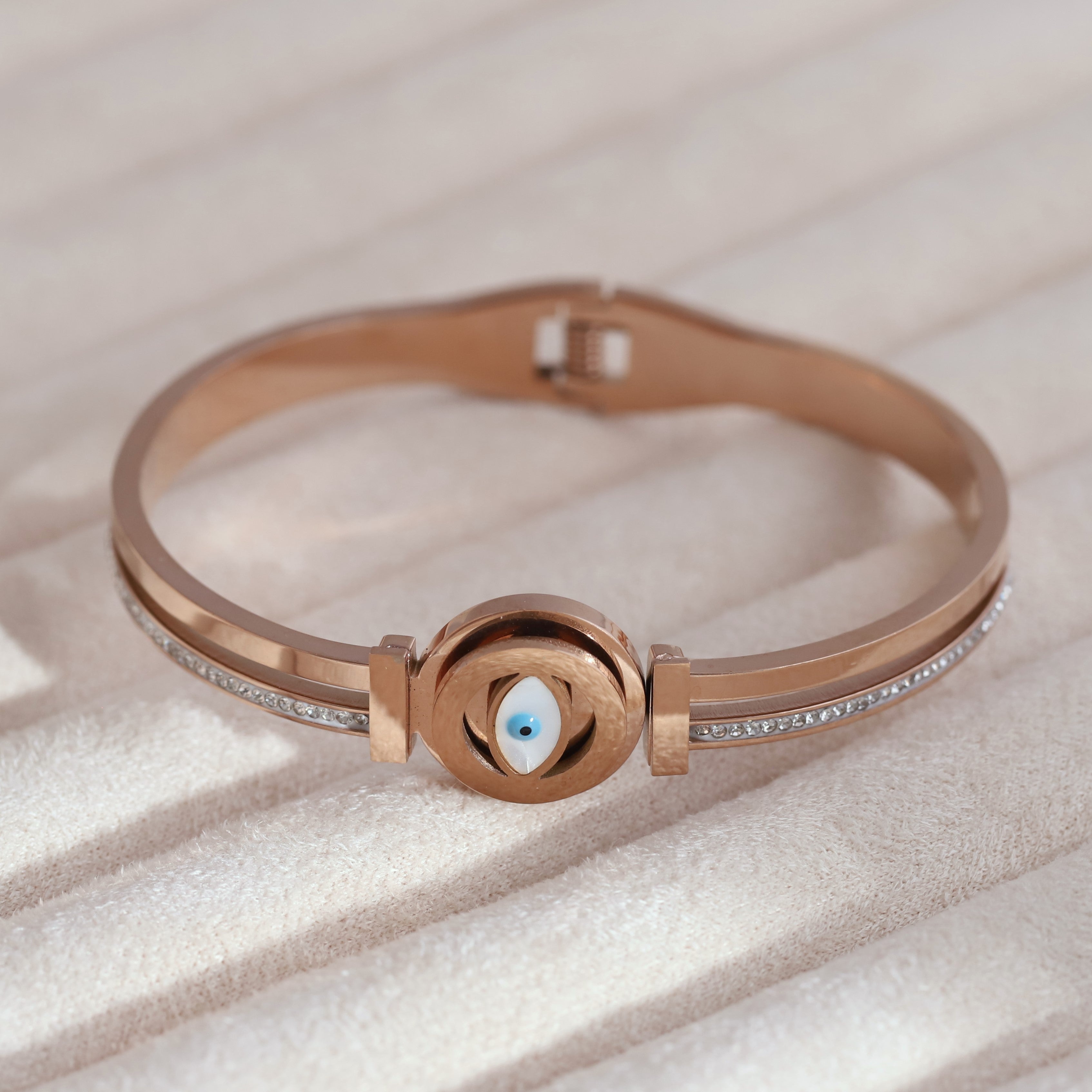 Evil Eye Gold-Plated Cuff Stainless Steel Bracelet – Anti-Tarnish Jewelry for Women & Girls (ROSE GOLD)