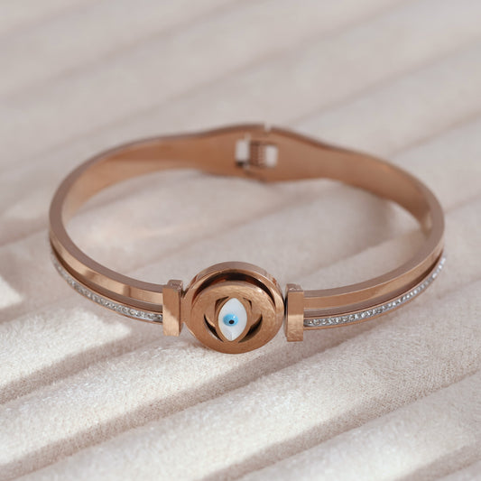 Evil Eye Gold-Plated Cuff Stainless Steel Bracelet – Anti-Tarnish Jewelry for Women & Girls (ROSE GOLD)