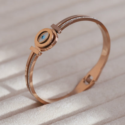 Evil Eye Gold-Plated Cuff Stainless Steel Bracelet – Anti-Tarnish Jewelry for Women & Girls (ROSE GOLD)