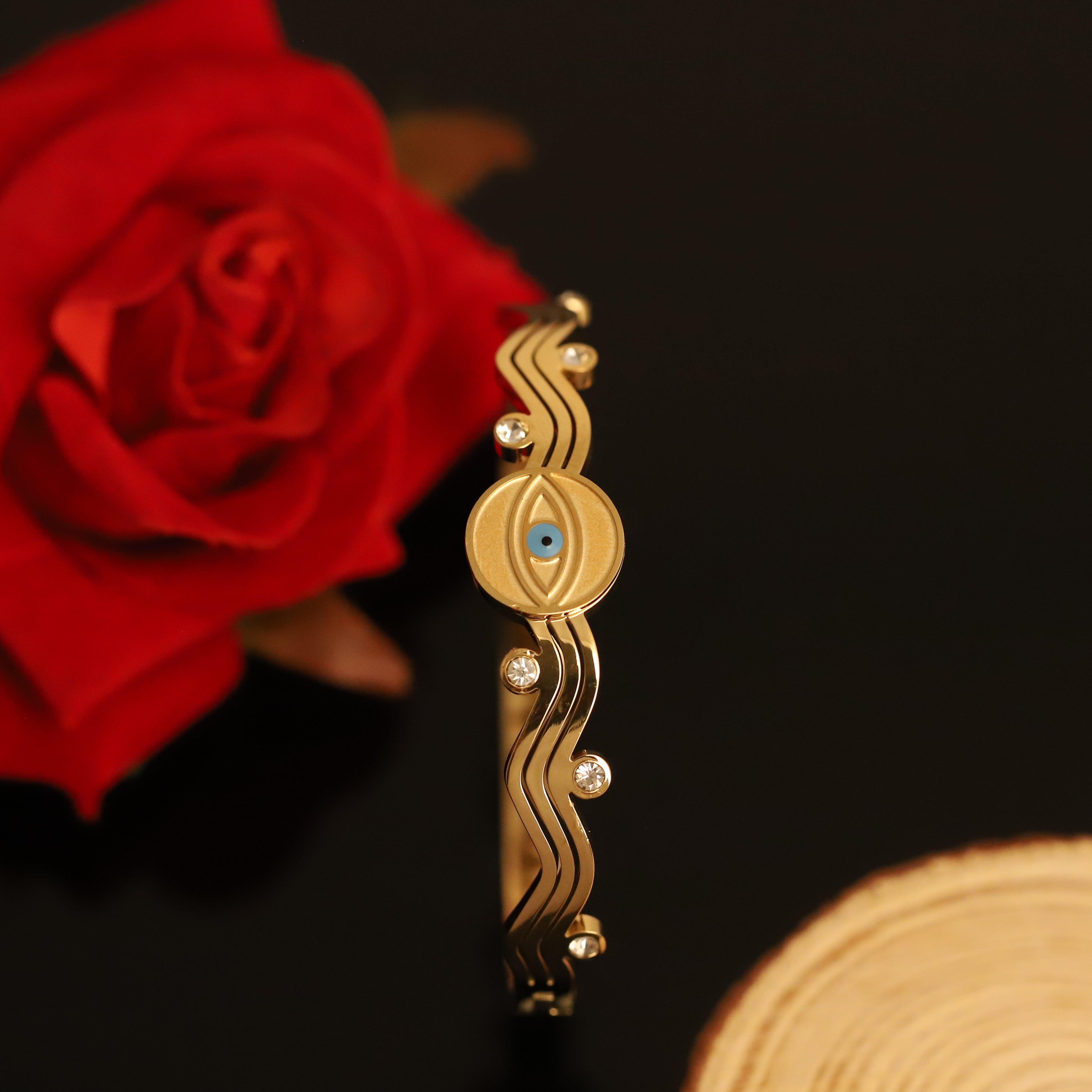 Evil Eye Gold-Plated Stainless Steel Lock Bracelet – Anti-Tarnish Jewelry for Women & Girls (GOLD)