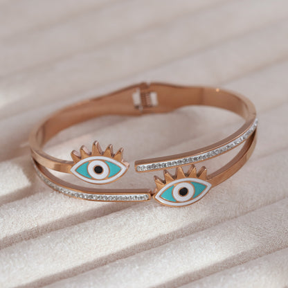 Evil Eye Gold-Plated Stainless Steel Cuff Bracelet – Anti-Tarnish Jewelry for Women & Girls (ROSE GOLD)