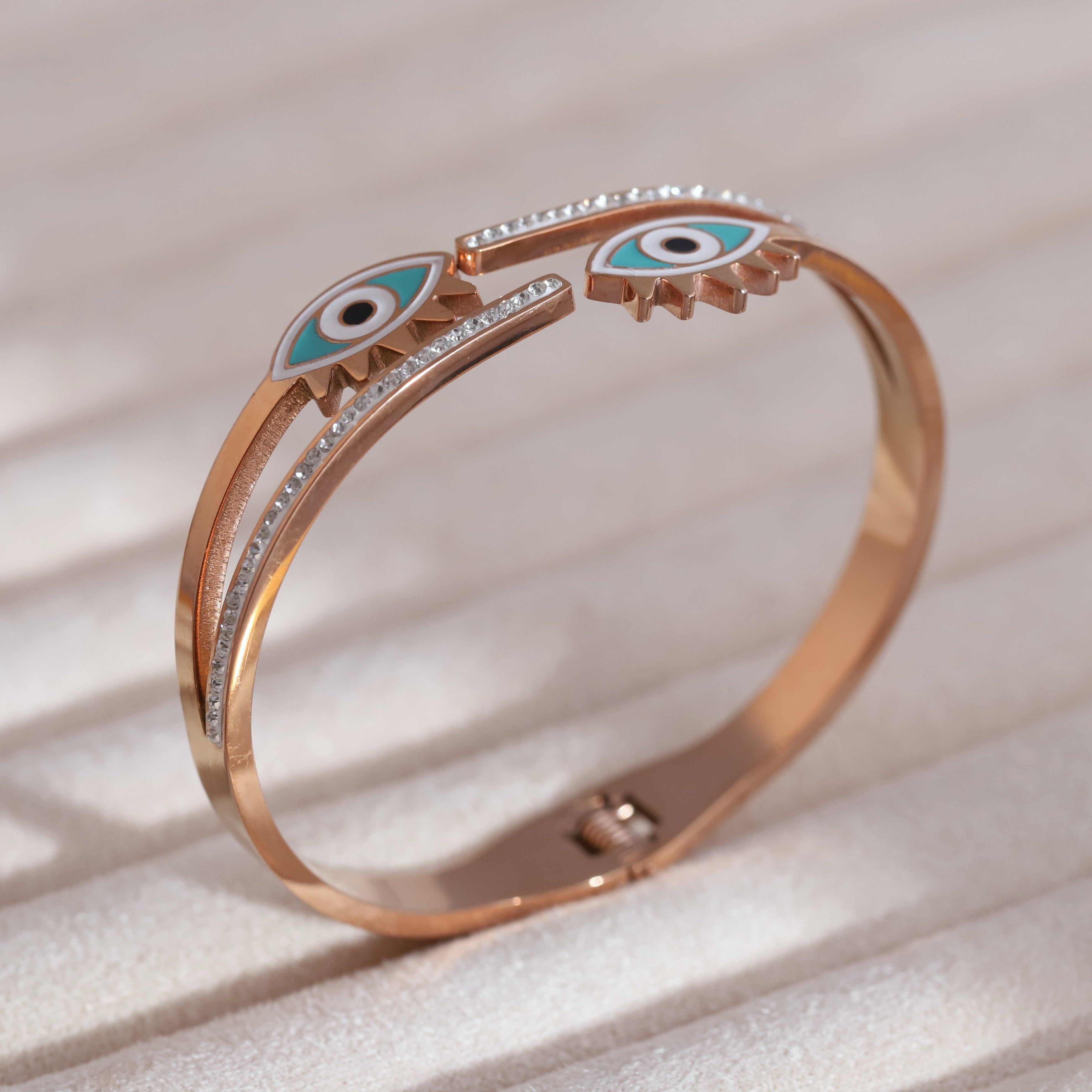 Evil Eye Gold-Plated Stainless Steel Cuff Bracelet – Anti-Tarnish Jewelry for Women & Girls (ROSE GOLD)