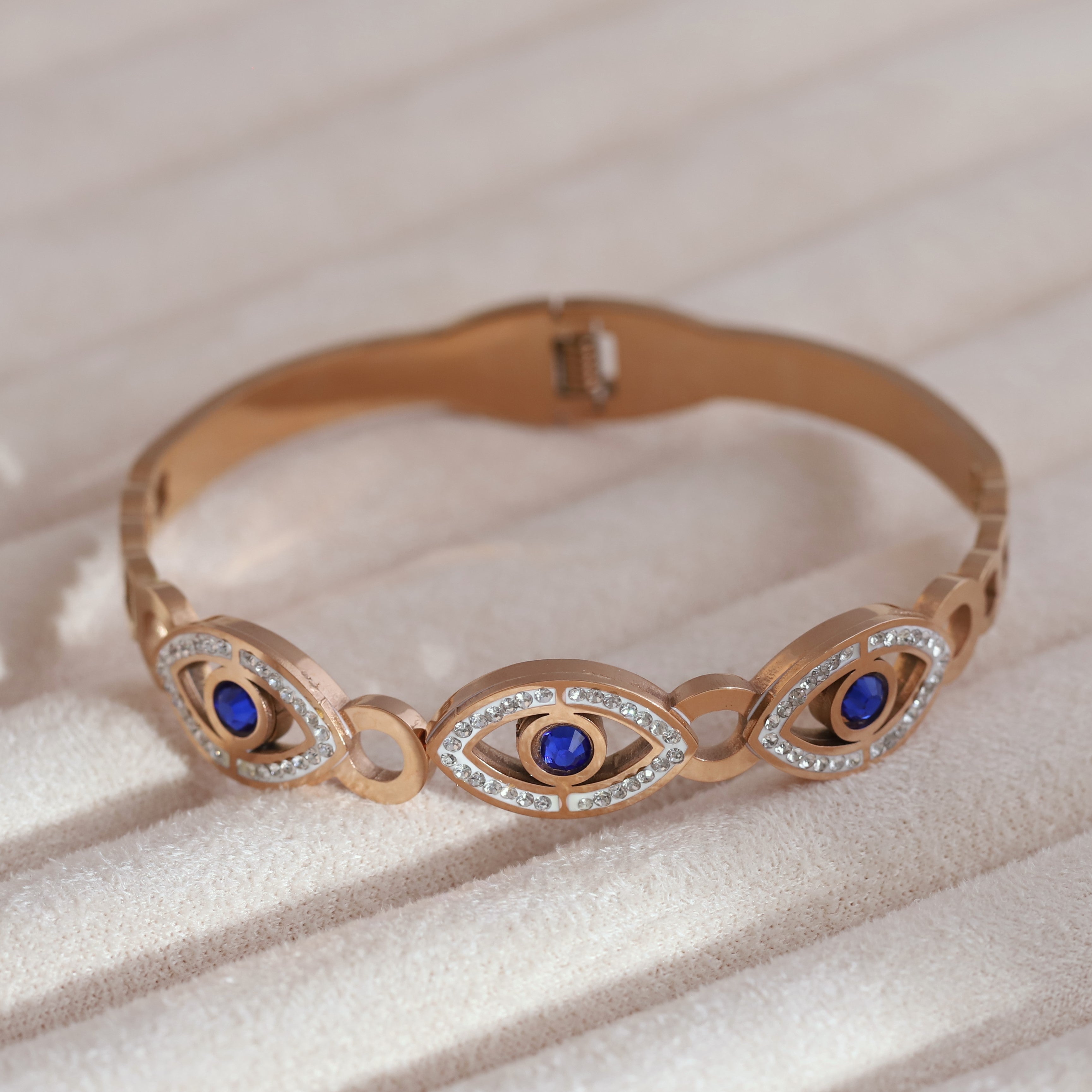 Evil Eye Gold-Plated Lock Stainless Steel Bracelet – Anti-Tarnish Jewelry for Women & Girls (ROSE GOLD)