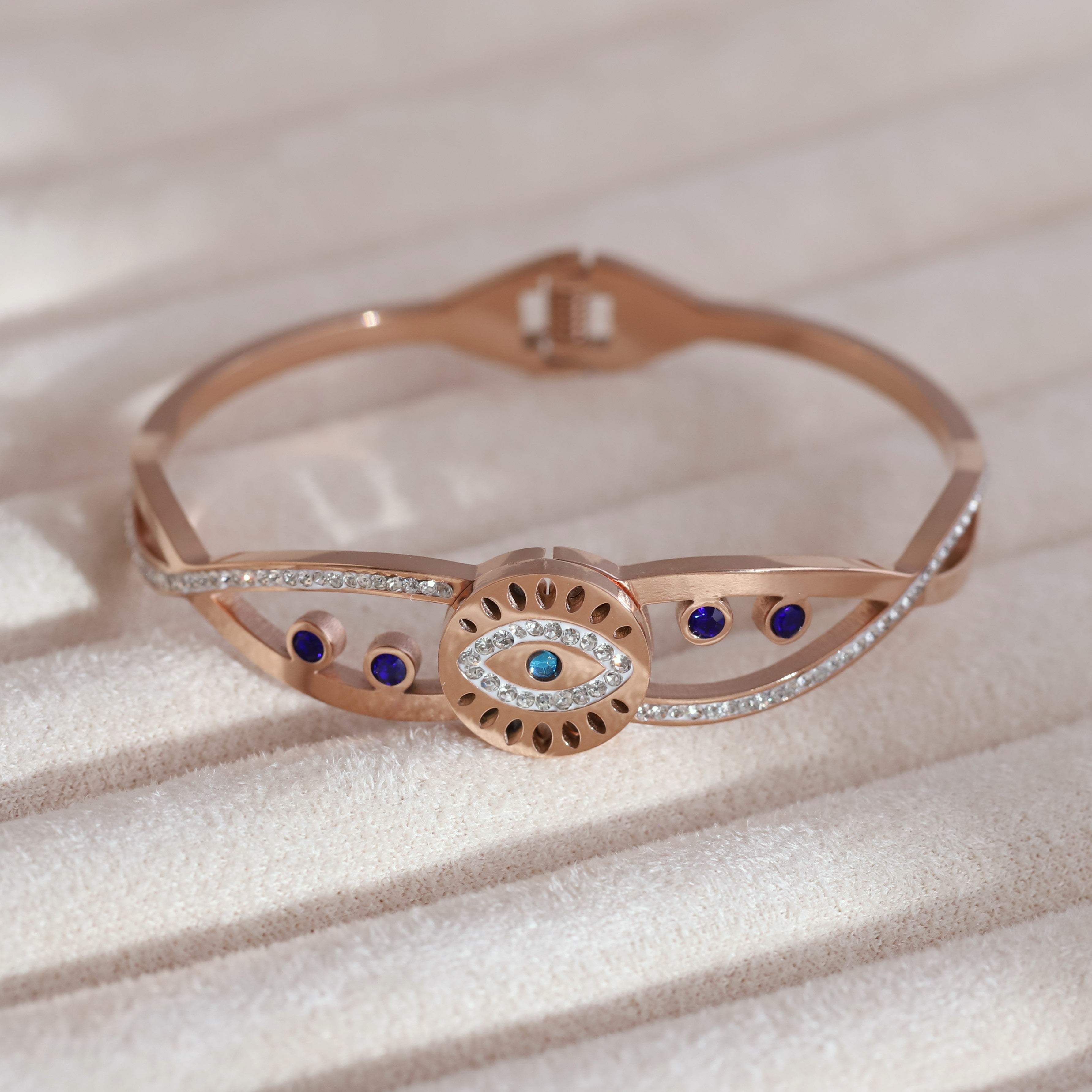 Evil Eye Gold-Plated Stainless Steel Cuff Bracelet – Anti-Tarnish Jewelry for Women & Girls (ROSE GOLD)