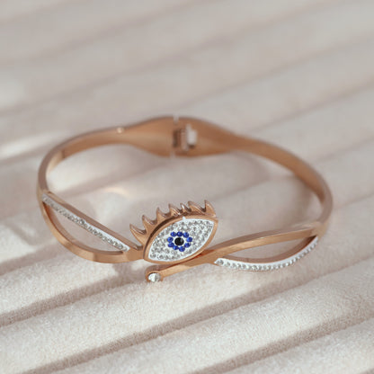 Evil Eye Gold-Plated Cuff Stainless Steel Bracelet – Anti-Tarnish Jewelry for Women & Girls (ROSE GOLD)