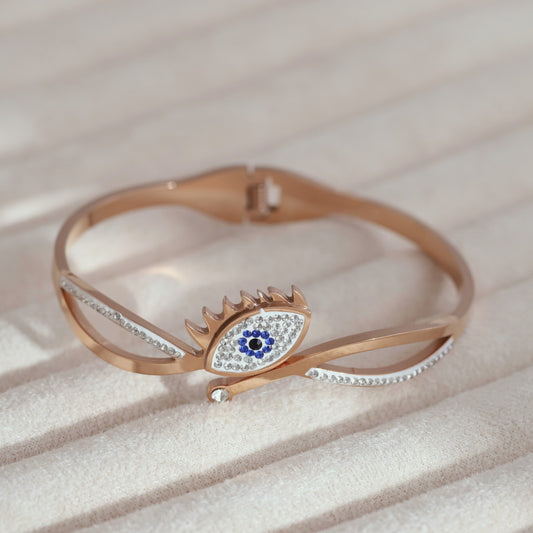 Evil Eye Gold-Plated Cuff Stainless Steel Bracelet – Anti-Tarnish Jewelry for Women & Girls (ROSE GOLD)