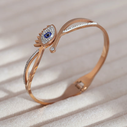 Evil Eye Gold-Plated Cuff Stainless Steel Bracelet – Anti-Tarnish Jewelry for Women & Girls (ROSE GOLD)