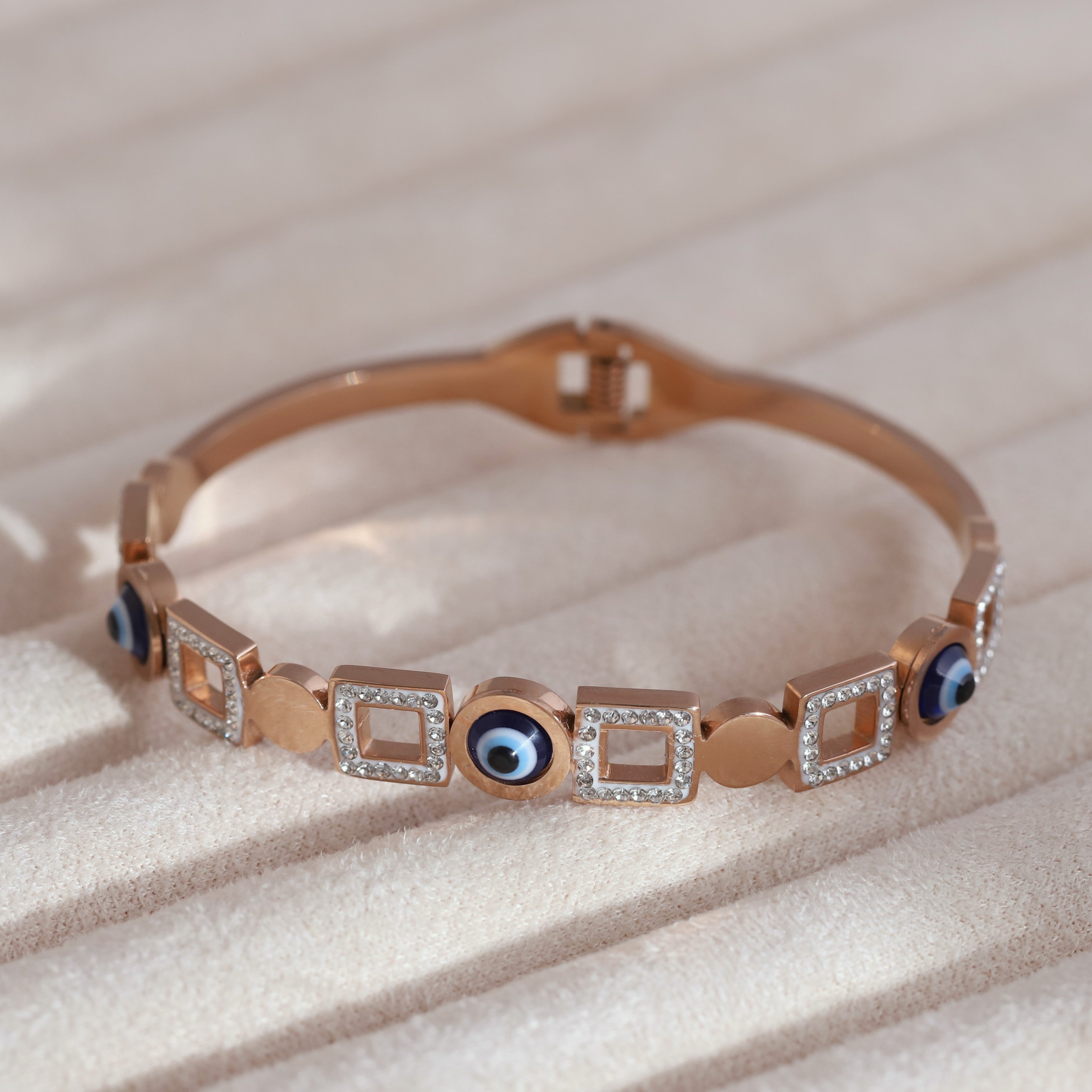Evil Eye Gold-Plated Lock Stainless Steel Bracelet – Anti-Tarnish Jewelry for Women & Girls (ROSE GOLD)