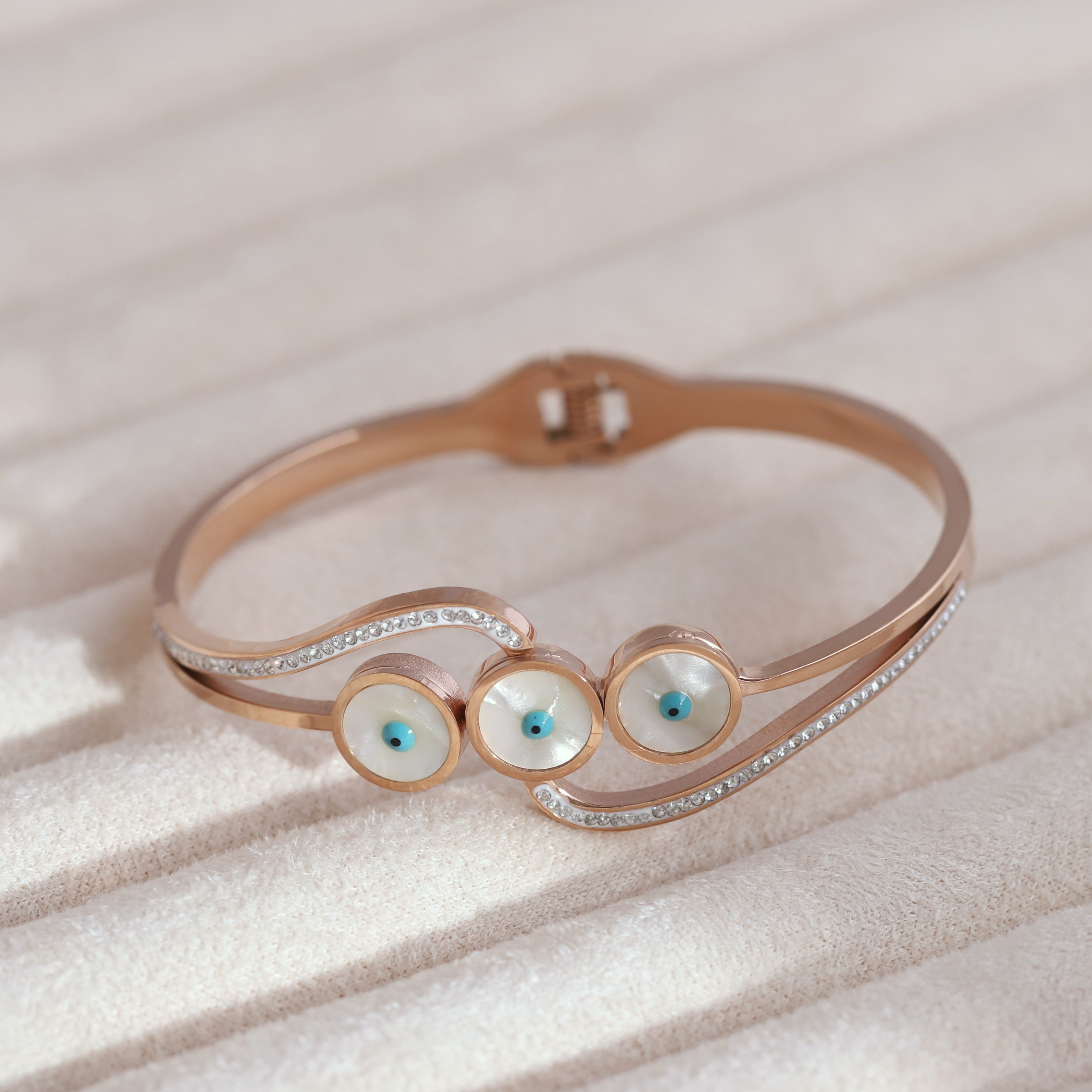 Evil Eye Gold-Plated Stainless Steel Cuff Bracelet – Anti-Tarnish Jewelry for Women & Girls (ROSE GOLD)