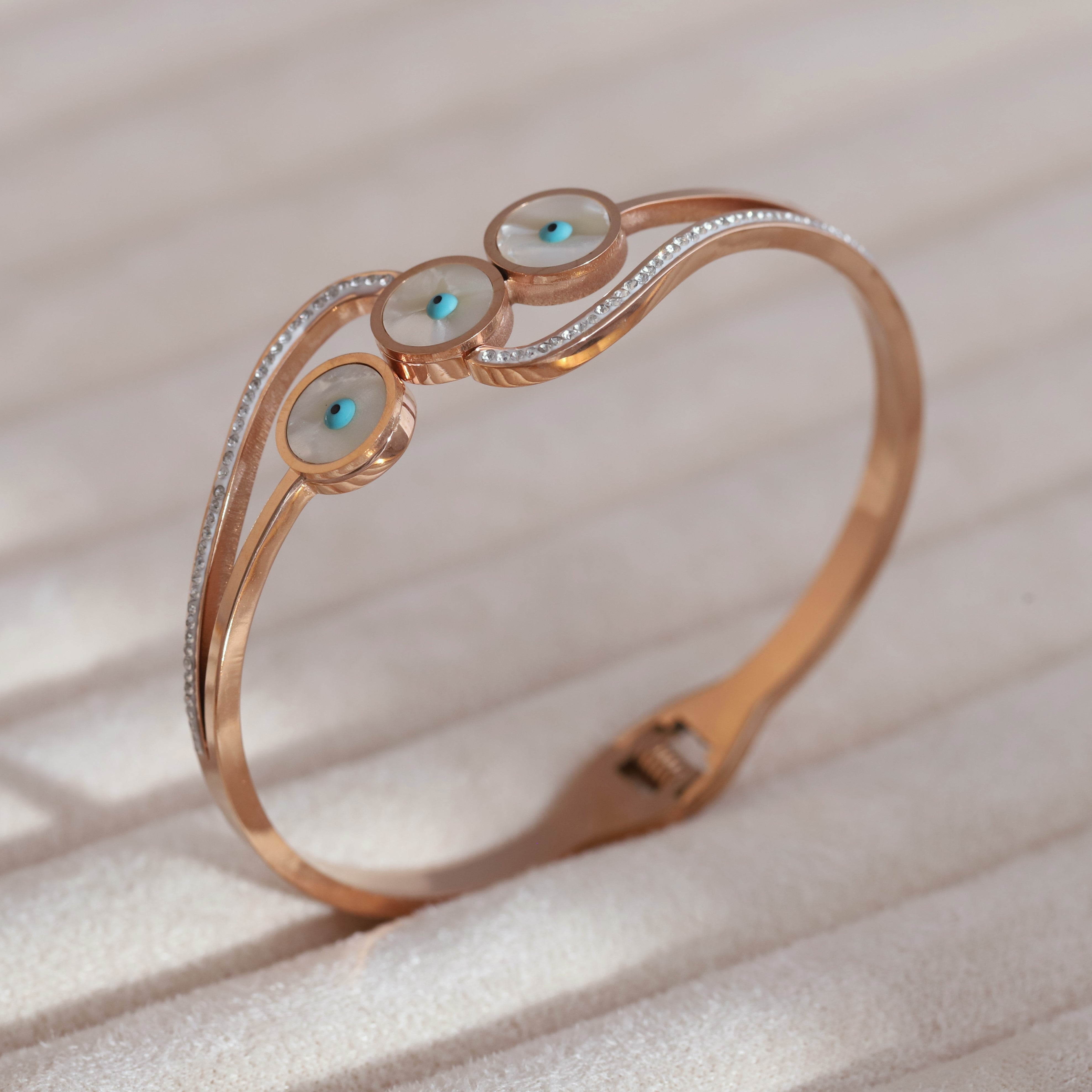 Evil Eye Gold-Plated Stainless Steel Cuff Bracelet – Anti-Tarnish Jewelry for Women & Girls (ROSE GOLD)